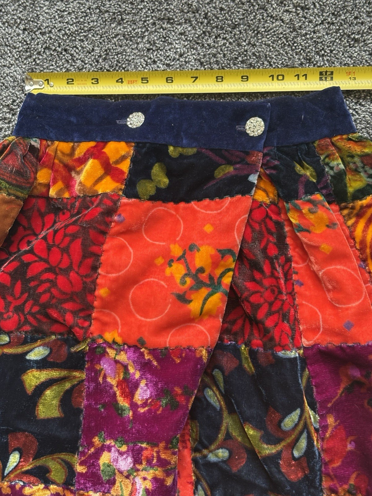Vintage 1970s Velvet Patchwork Maxi Skirt Eclectic Mix Floral Geometric Vibrant