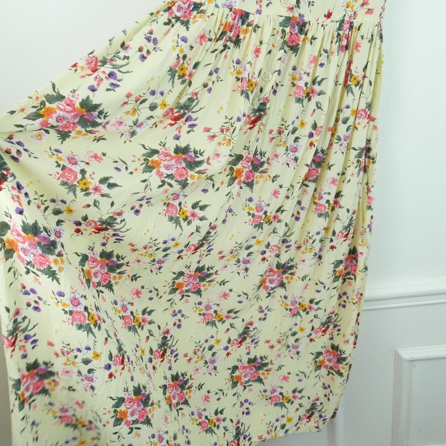 Vintage 90s Maxi Dress Butter Yellow Dainty Floral Cottagecore Tie Waist Medium