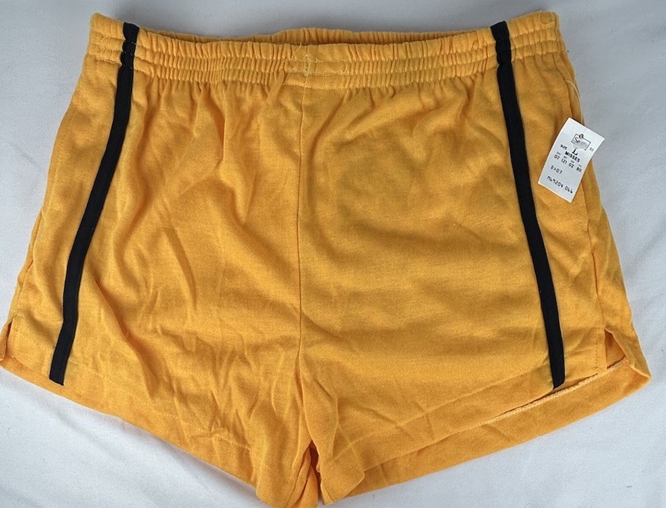 NWT Vintage Sears Yellow Black Stripe Track Shorts Womens L Pull On Gym Athletic