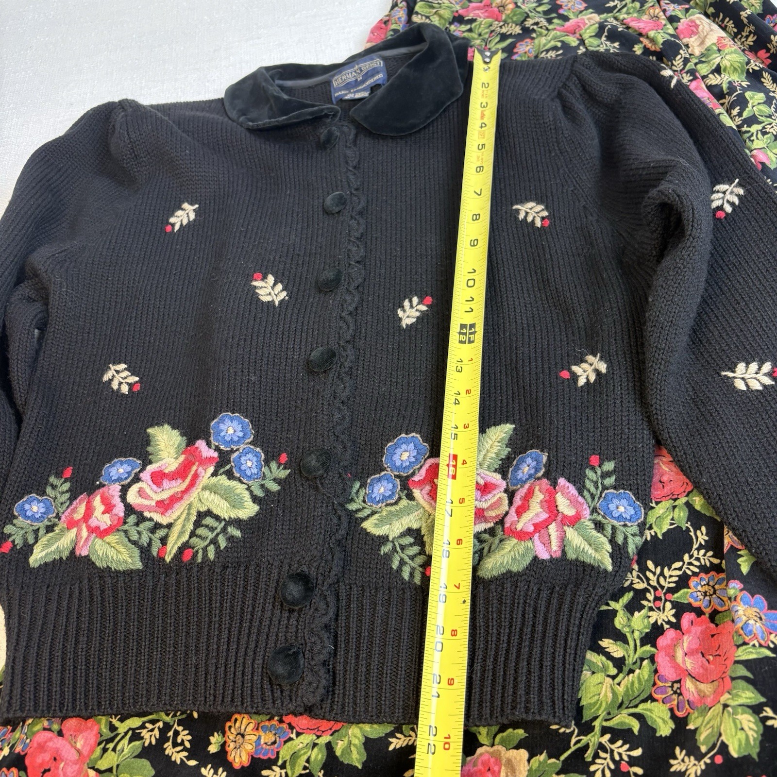 Vintage Herman Geist Hand Embroidered Cardigan & Velveteen Floral Skirt Set M