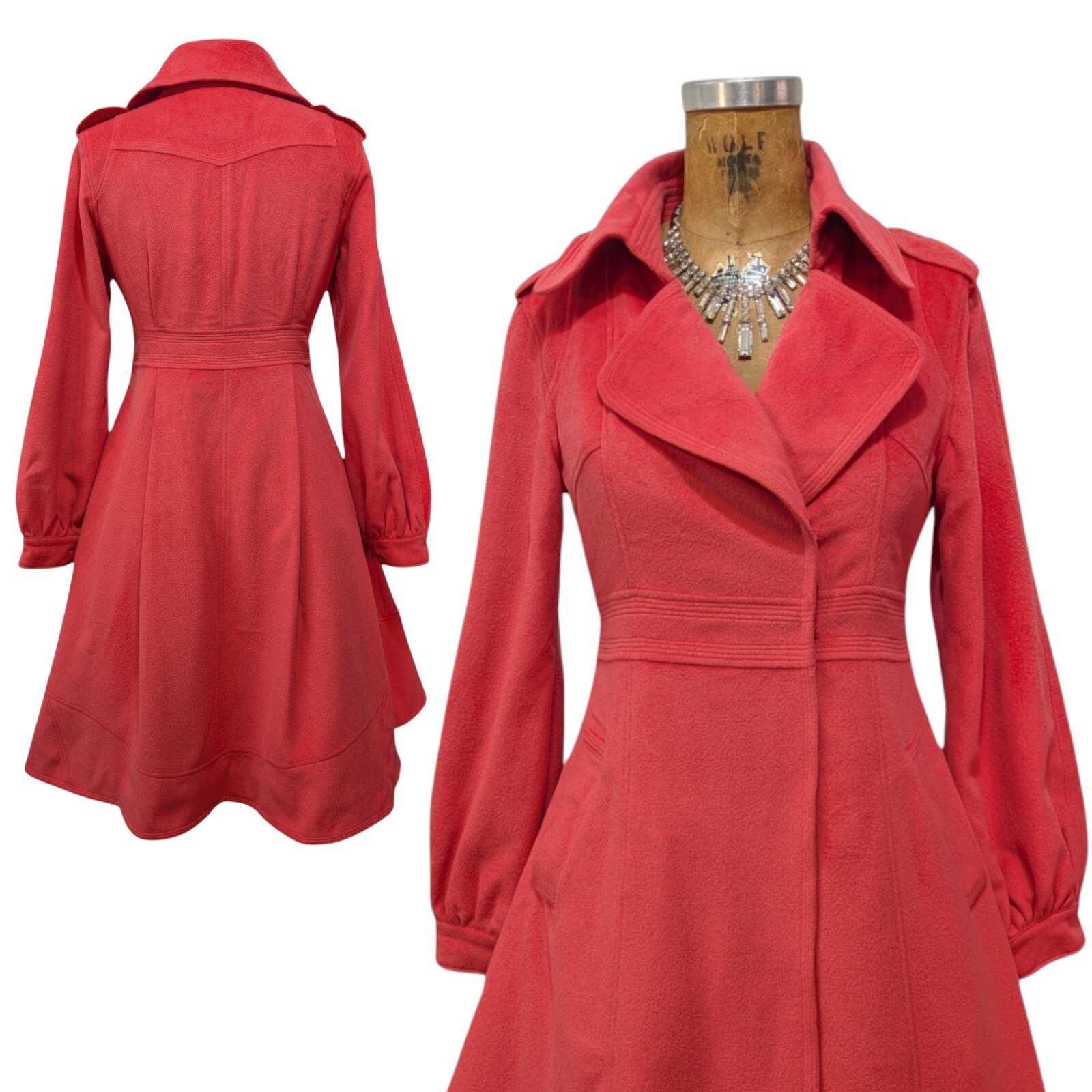 Vtg Pink Princess Coat Sz M Fit Flare Bishop Sleeve Full Skirt V Neck Collar S/M
