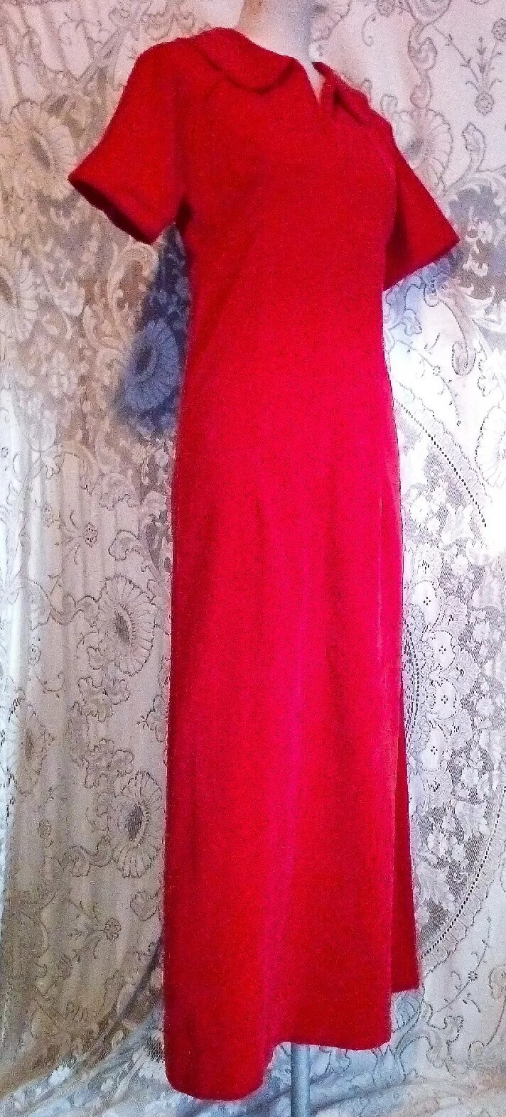 VTG 60s Empire Waist Bright Red Soft Cotton Fitted Maxi Velvet Dress S