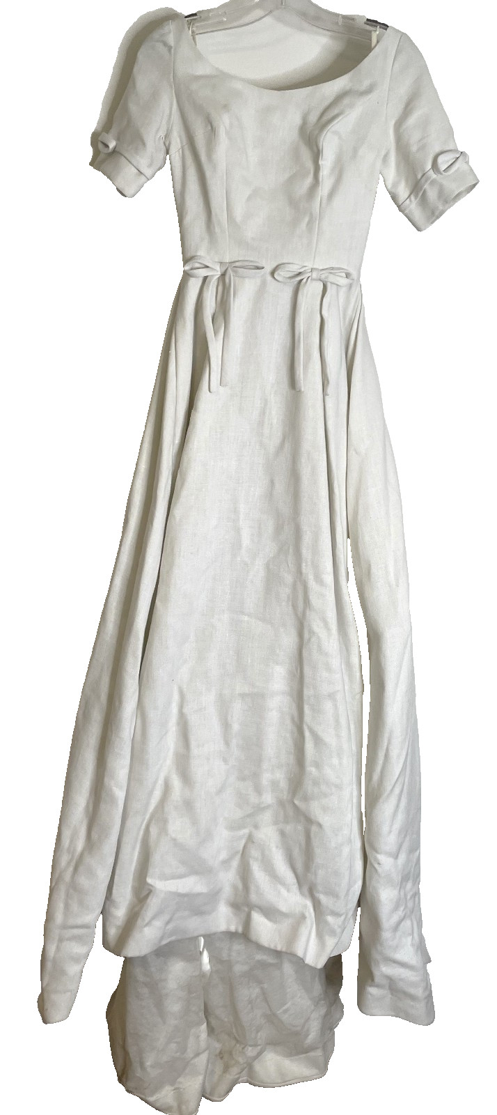 Vintage 40s Irish Linen Wedding Dress XS S Button Back Bows Long Train SS 0 2 4