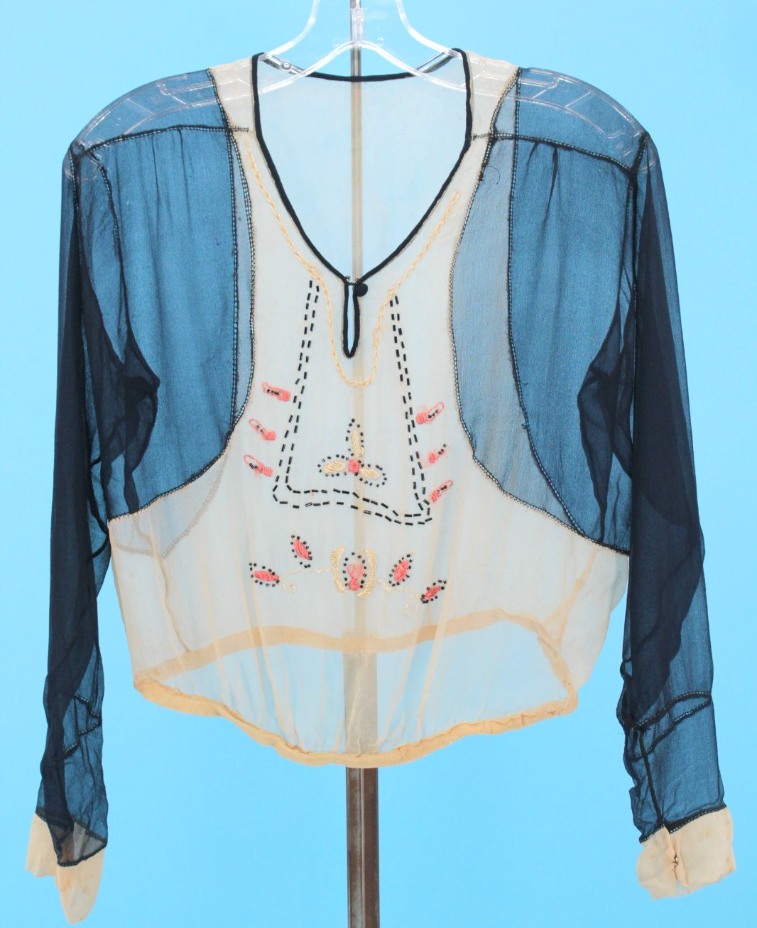 VTG Women&rsquo;s 20s Navy & Cream Sheer Embroidered & Beaded Blouse / Top S/M 1920s