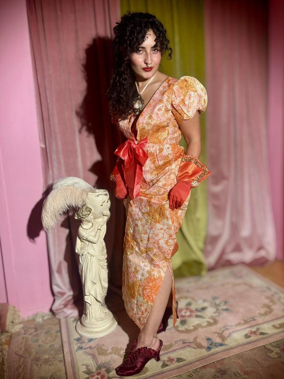 1970s Linda California Puff Sleeve Painterly Zipper Gown, Size M