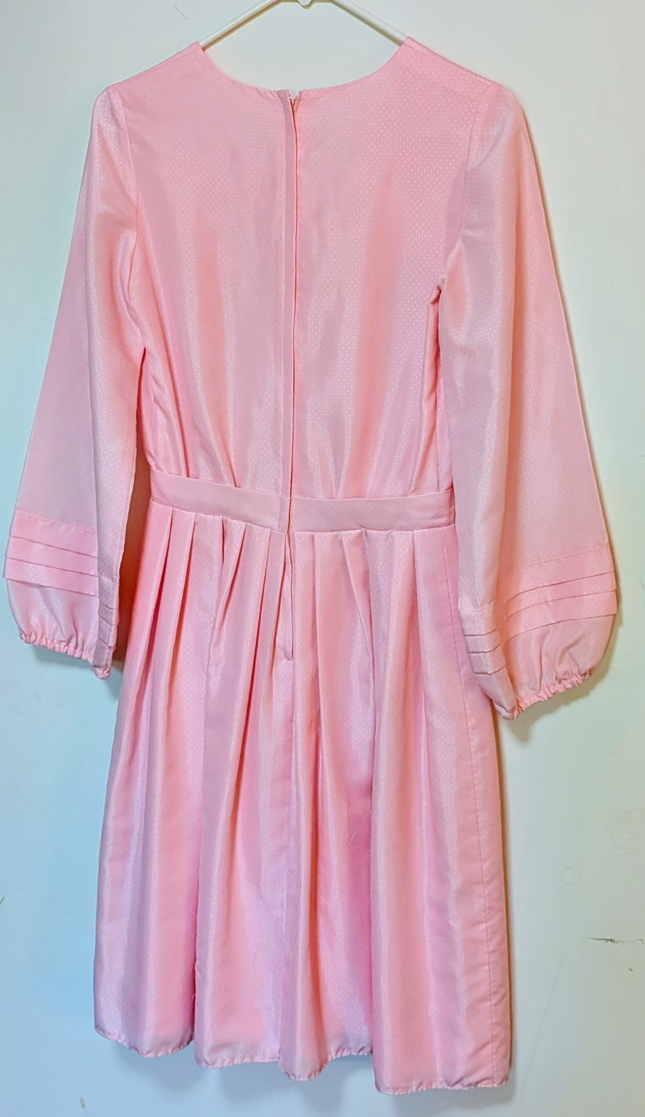 Handmade 1970s Pink Satin Polyester Fit & Flare Dress Lace Neckline M