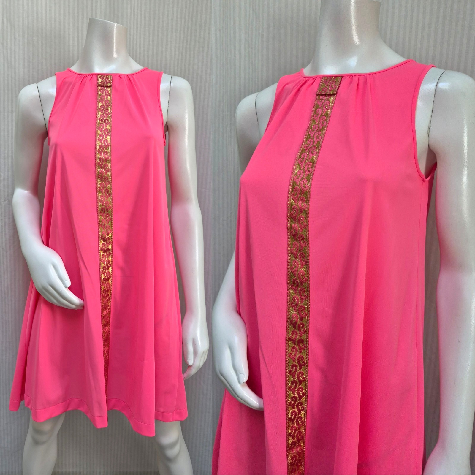 Vintage LORRAINE Neon Pink w Gold Ribbon Trim Nightgown Nylon Nightie – Size S