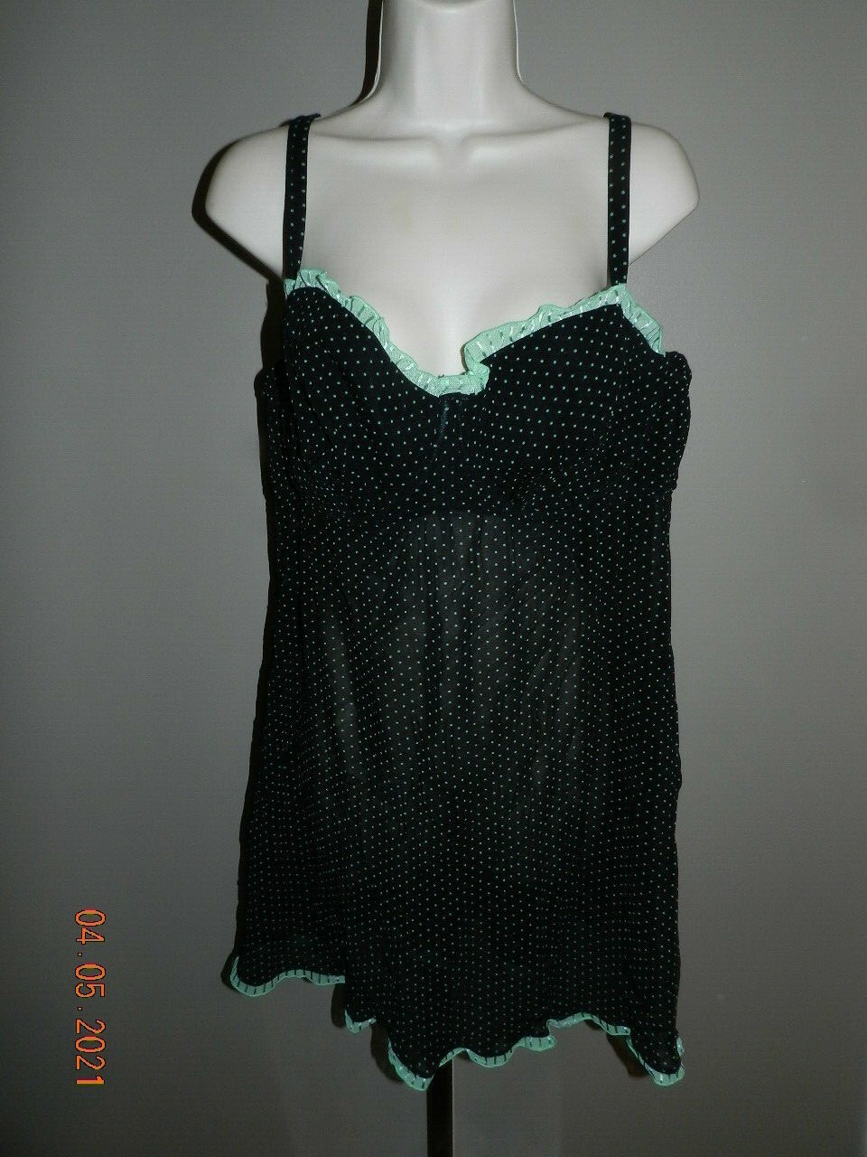 Cacique 26/28 chemise babydoll black mint green polka dots