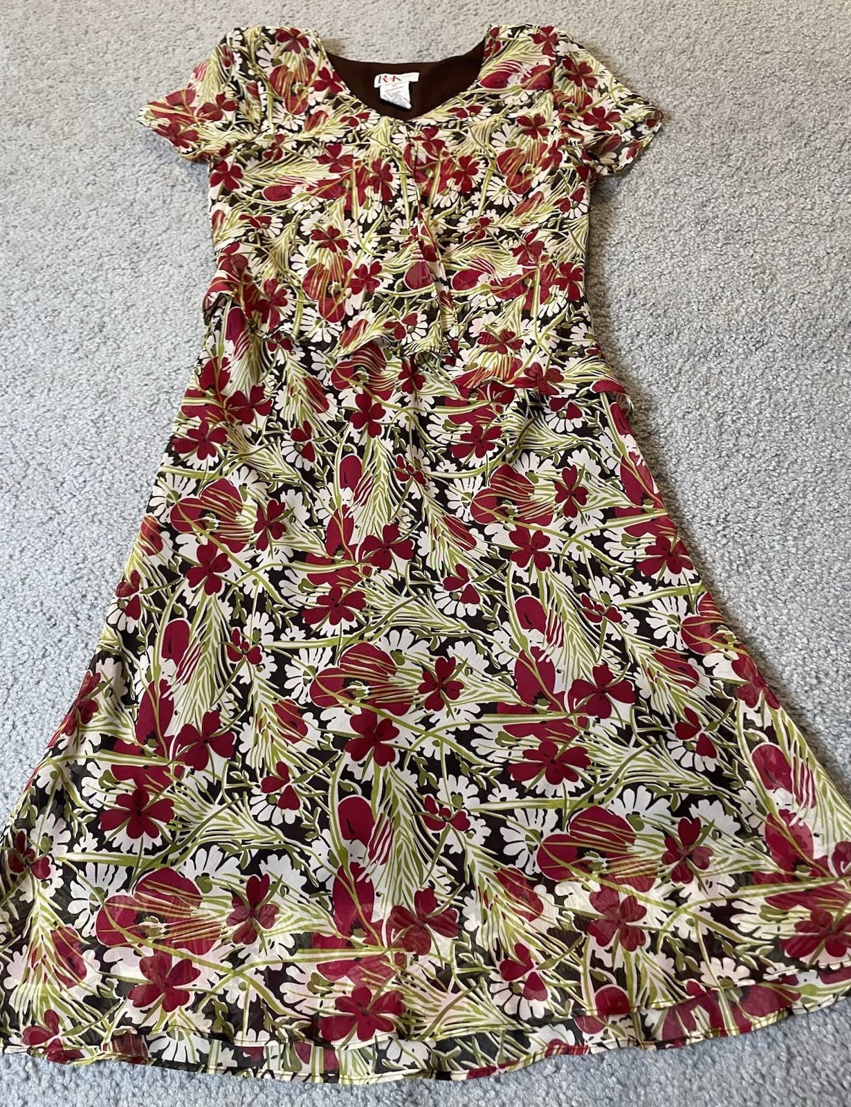 80’s R&K Originals Layered Floral Dress 8P Green Red Chiffon Career Boho Party