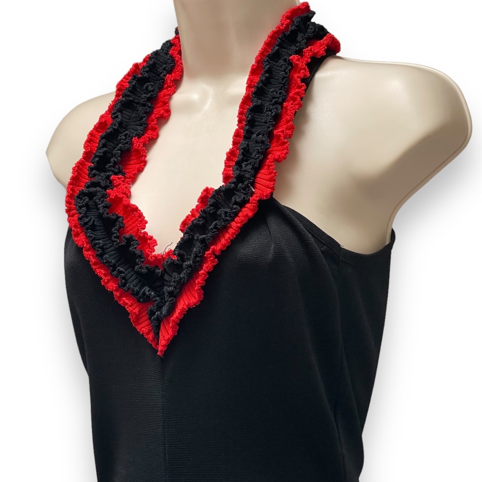 Vintage 70s Black & Red Ruffle Backless Knit Bellbottom Jumpsuit Studio 54 Disco