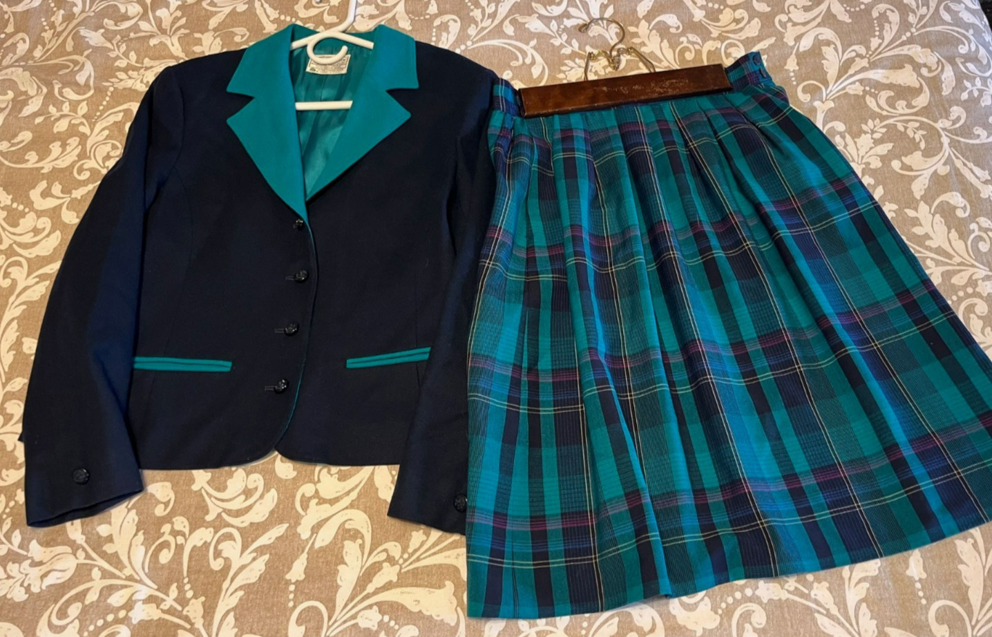 Vtg Miss Pendleton Virgin Wool Blazer Pleated Skirt Navy Turquoise Green Size 8