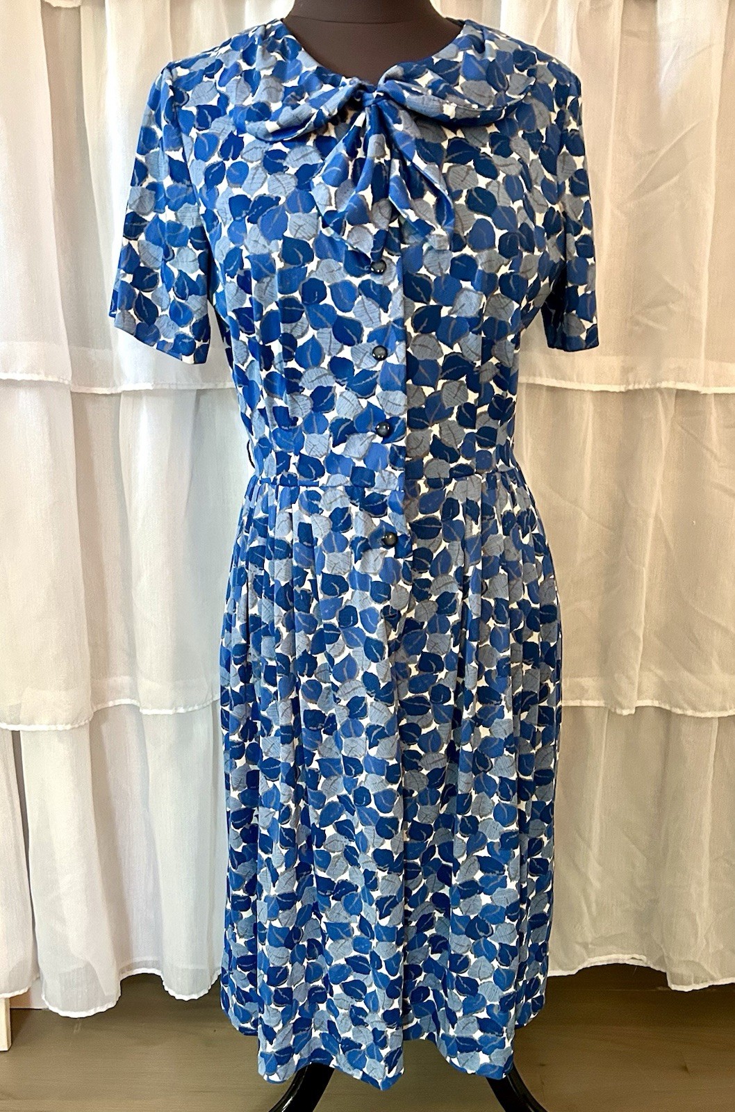 Vintage 50&rsquo;s Button Tie front Blue Day Dress Syd Frankel 36” Bust Medium Large