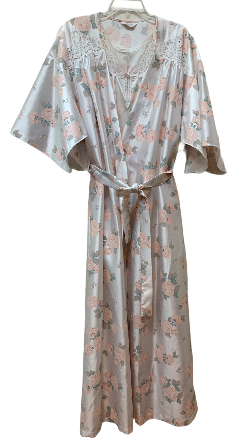 Vintage Peignoir Set Satin Silky Floral Nightgown & Robe Dainty Romantic M/L NEW
