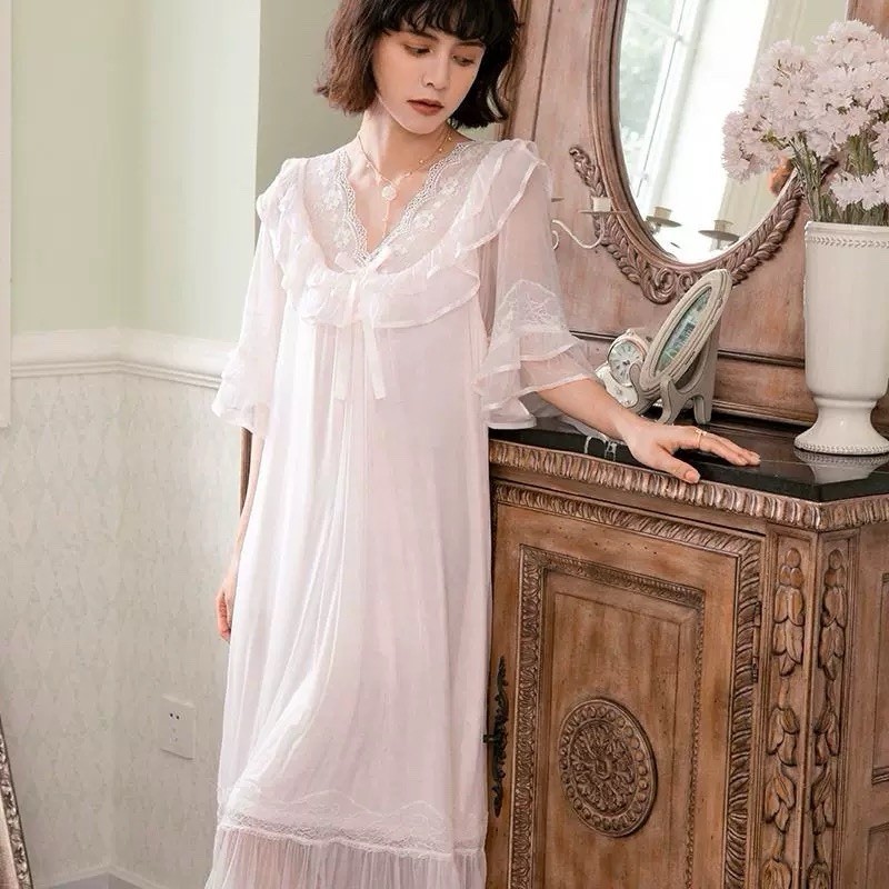 E9 Vintage Sheer Ruffle Nightgown Lace Trim Midi Dress Soft Pink Romantic