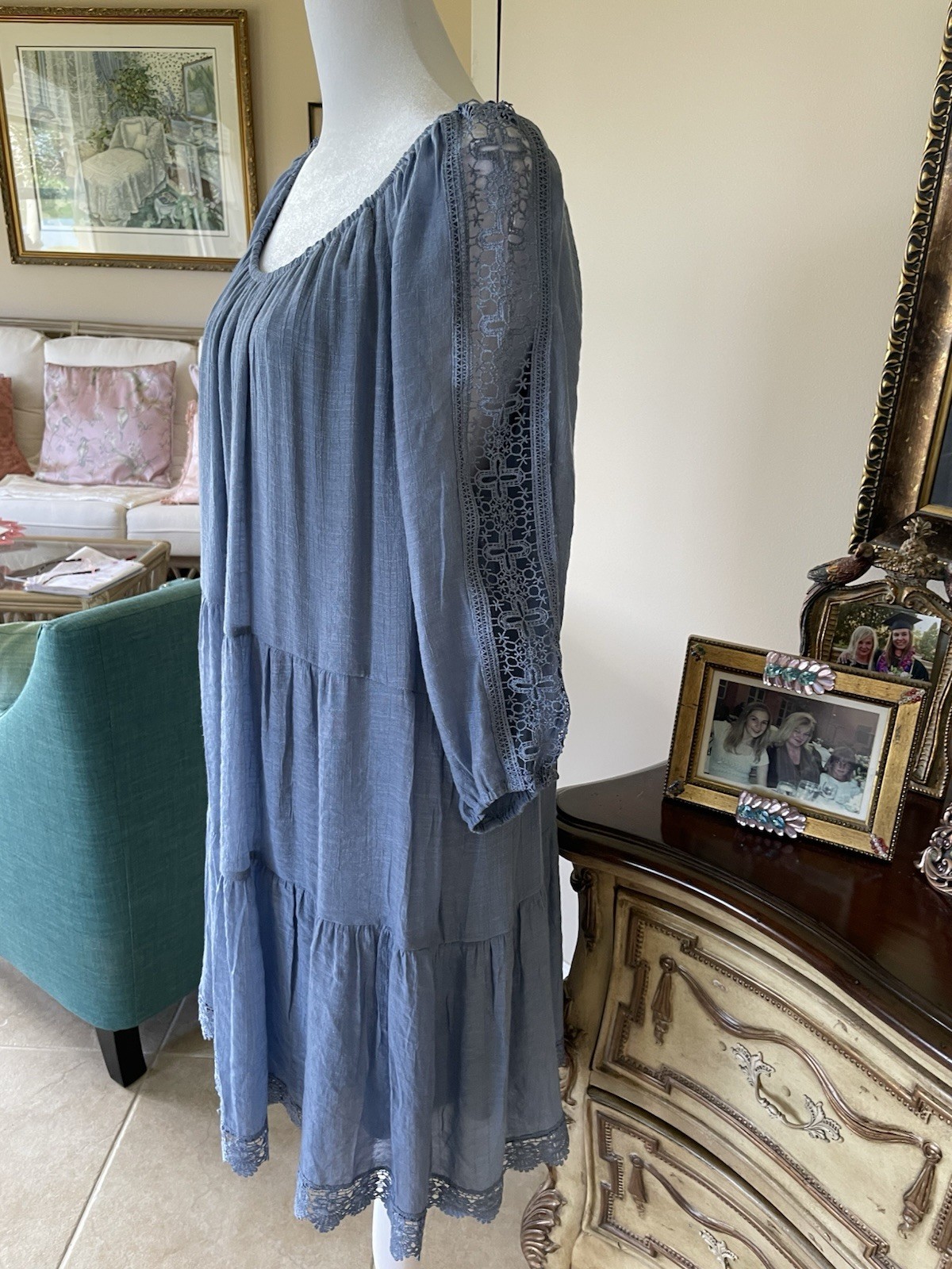 Old Navy Vintage Blue Rayon/Poly Pockets Tie Lined Boho Dress X/ L
