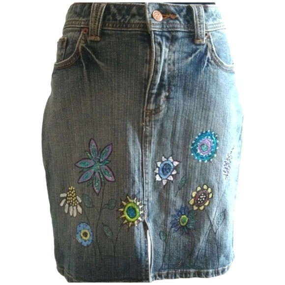 Upcycled & Hand-Painted Funky Floral Vintage Riders Copper Jean Skirt Size 5/6