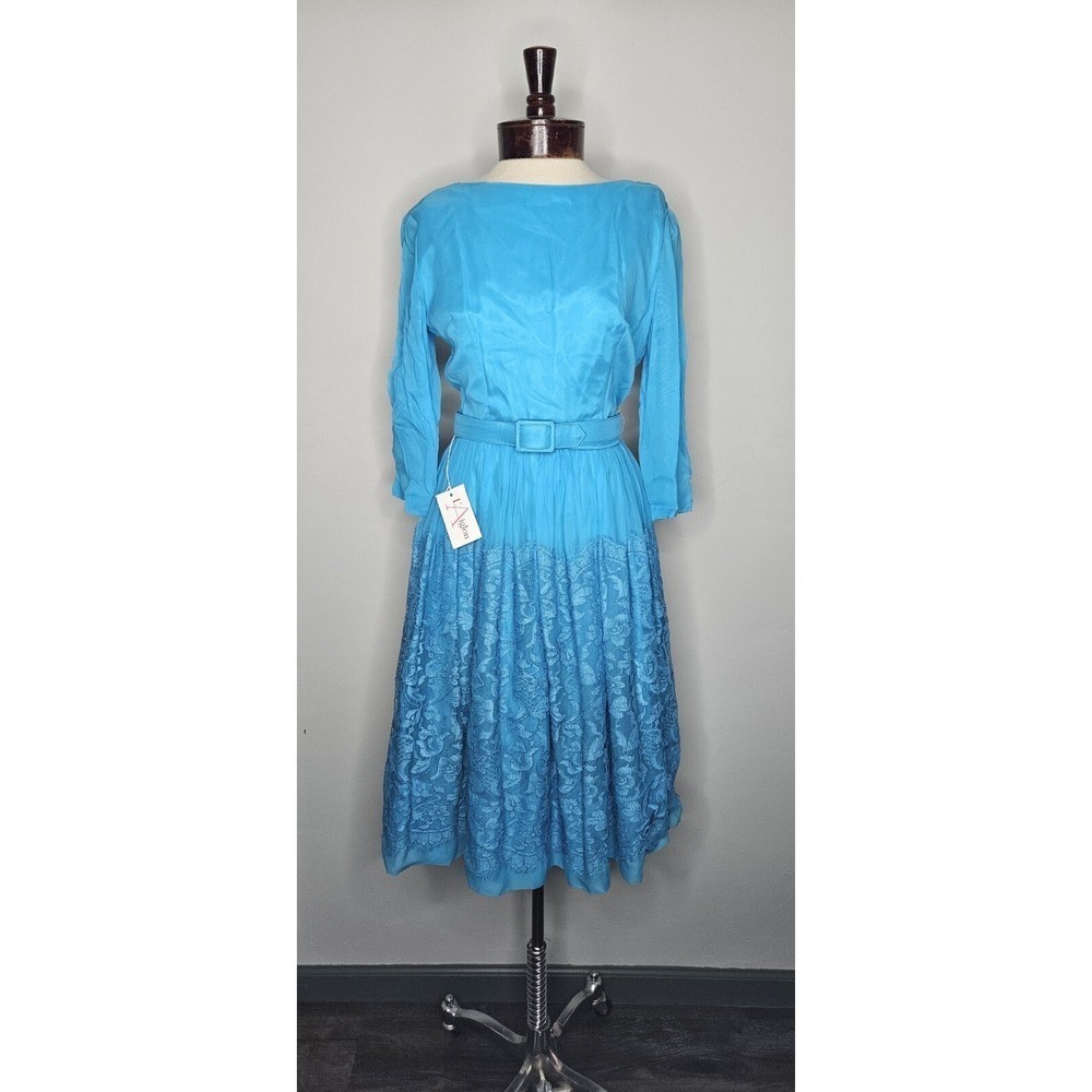 Vintage NWT 1950s 1960s L&rsquo;Aiglon Blue Chiffon Lace Dress Size 14
