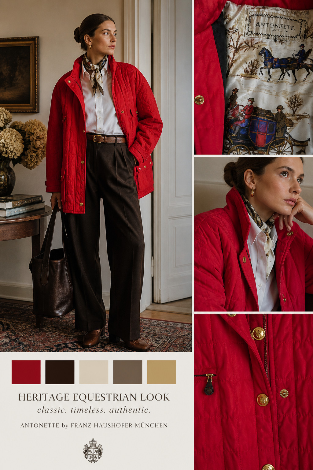 Vintage Antonette Haushofer Quilted Jacket Red Equestrian 44 46