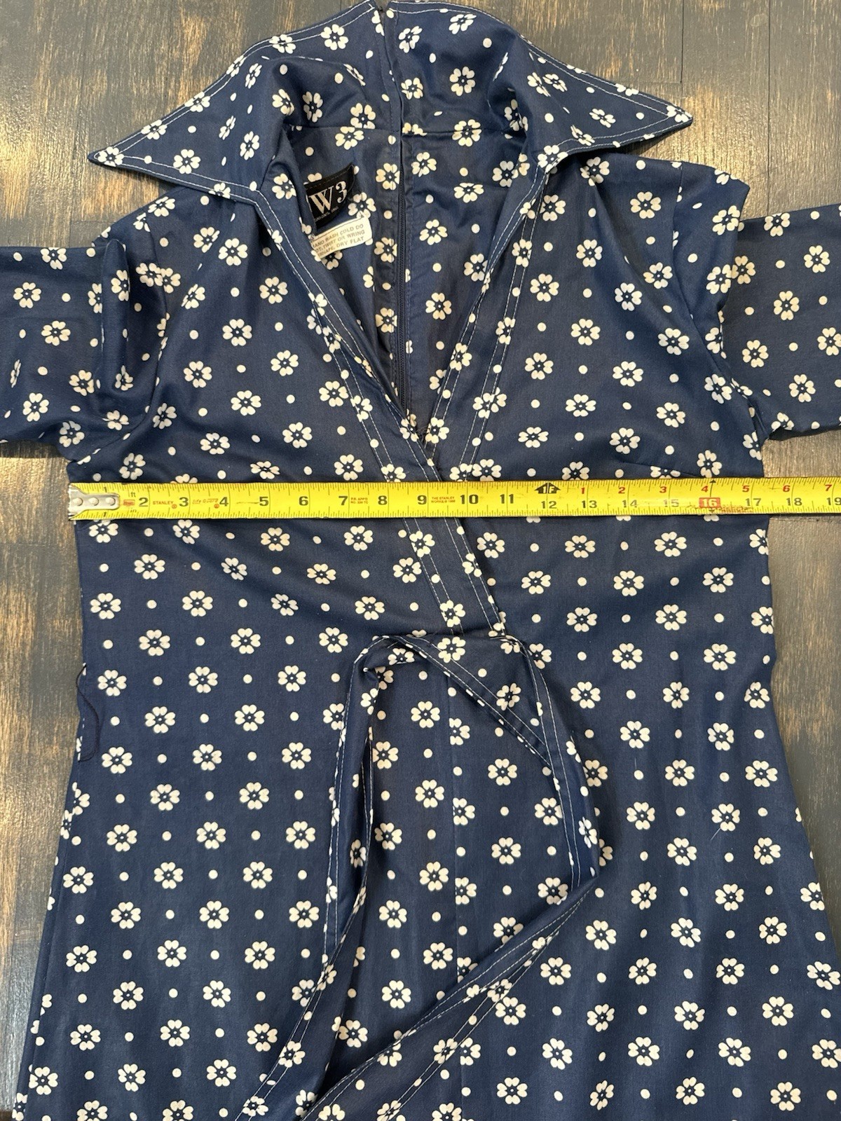 Vintage 1970s DW3 David Warren Collared Dress Navy & White Floral Belted Sz S/M