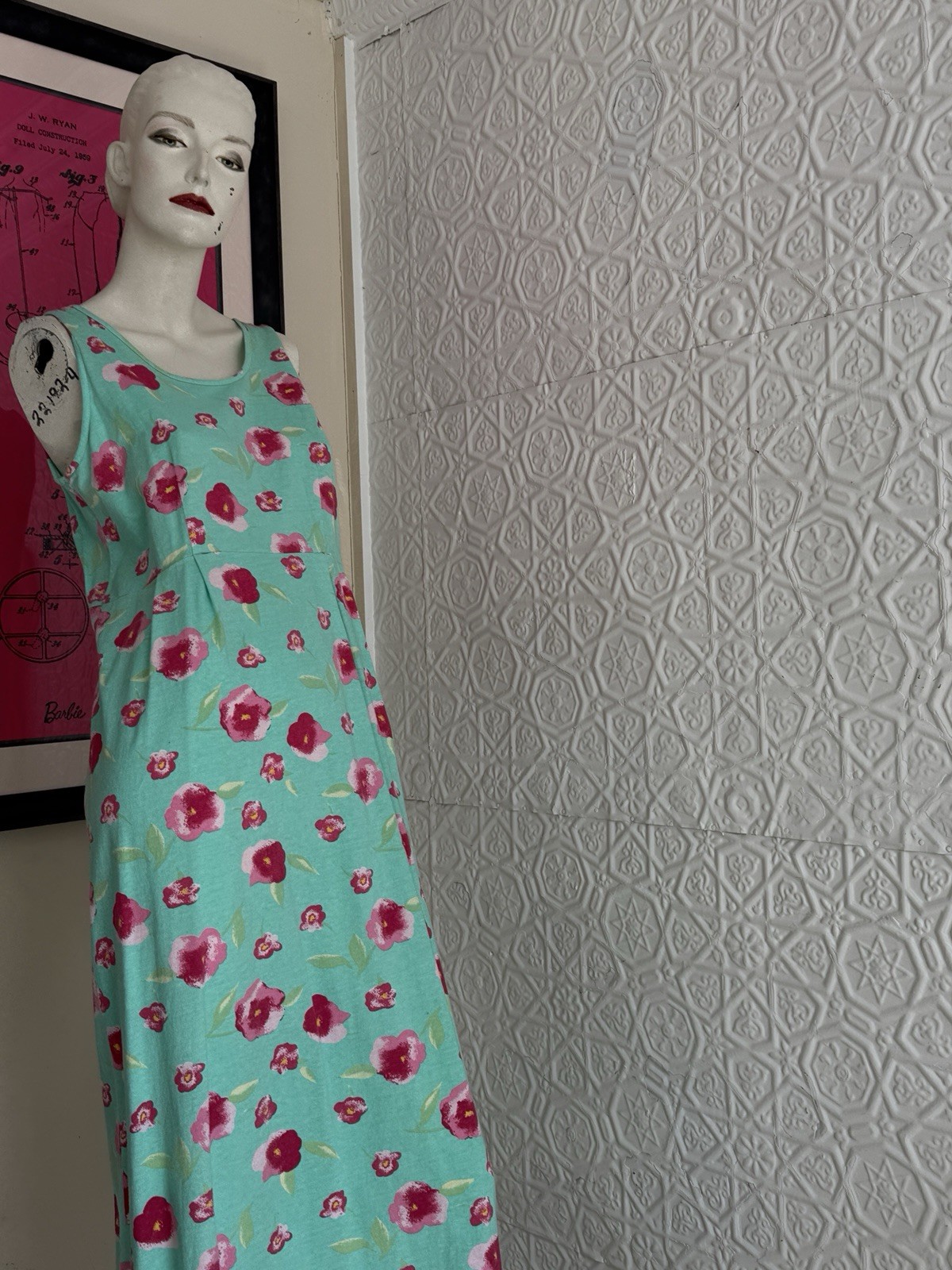 Vintage 1990s Dress Set-Knit-Floral-Spring-Cottage Green Pink-T Shirt-Tank-M