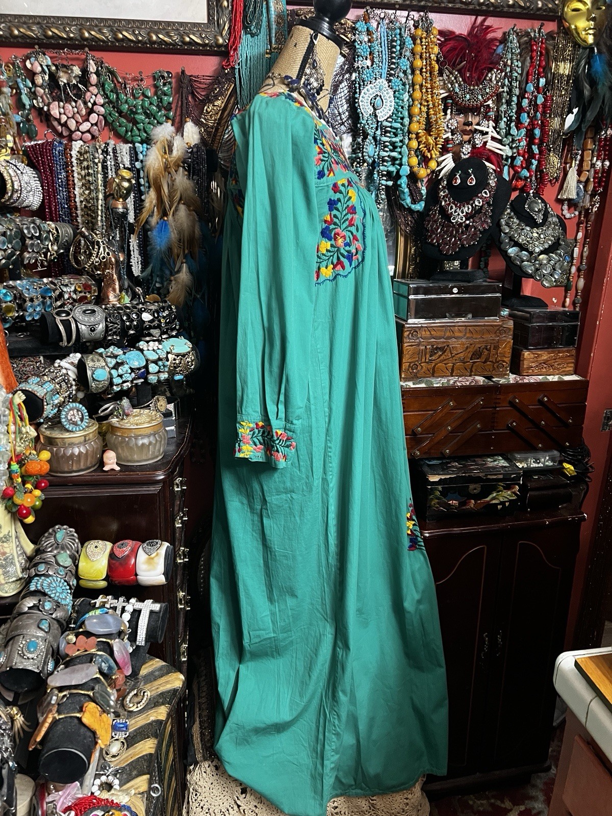 Beautiful Green Mexican Oaxaca Dress In Long Sleeve Multi Color Embroidery M/L