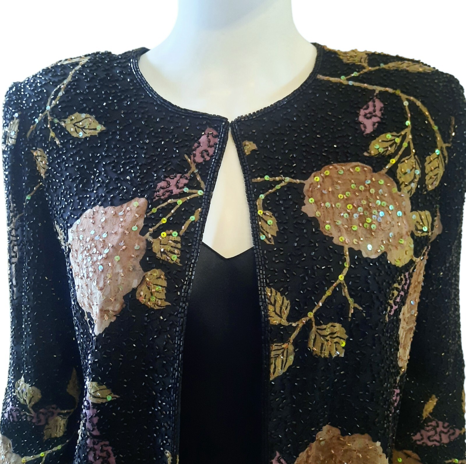 Vtg ANDRETTA DONATELLO Beaded Floral Print Silk Chiffon Jacket Sz M…