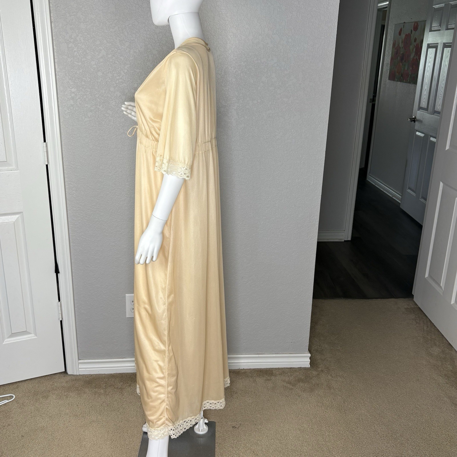 Durelle Peignoir Set Dressing Gown Robe Lace Peach Ivory Nylon 70s Vtg Size S