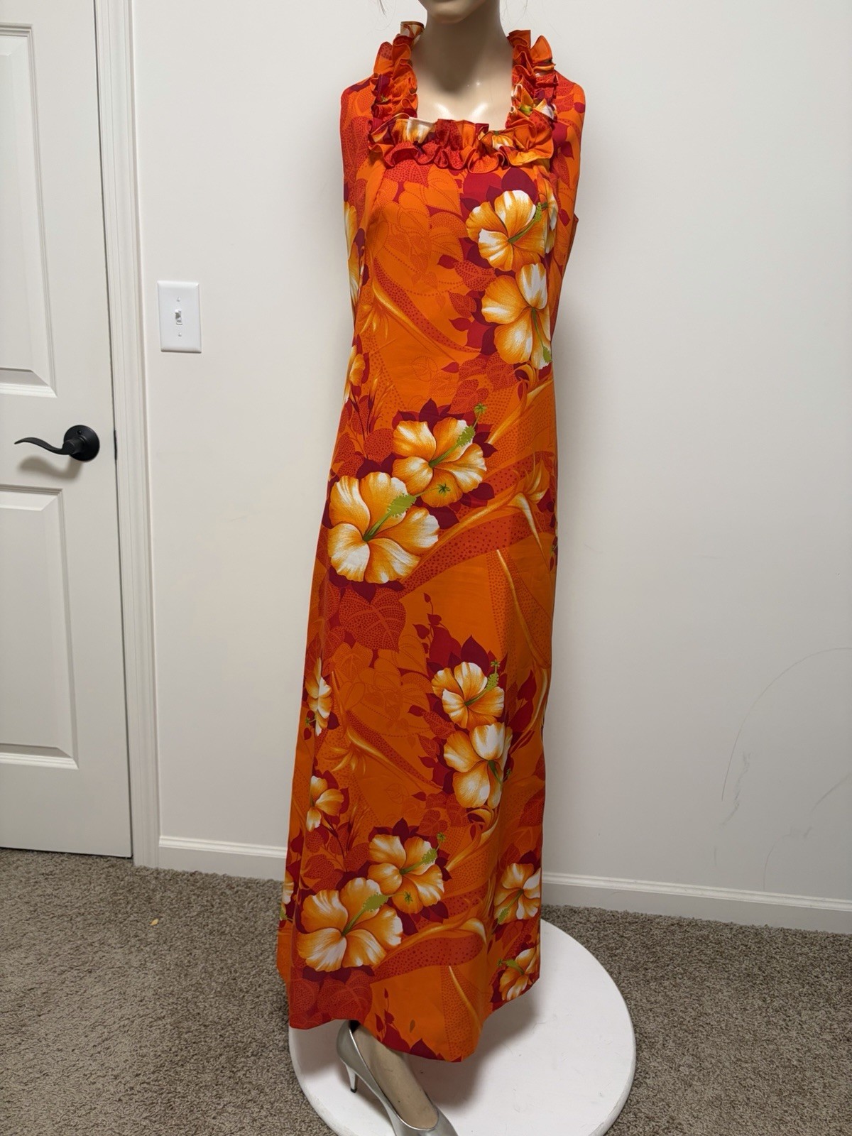 VTG 60s PARADISE HAWAII ORANGE PATIO RESORT LOUNGE MAXI DRESS- SZ 8 HONOLULU