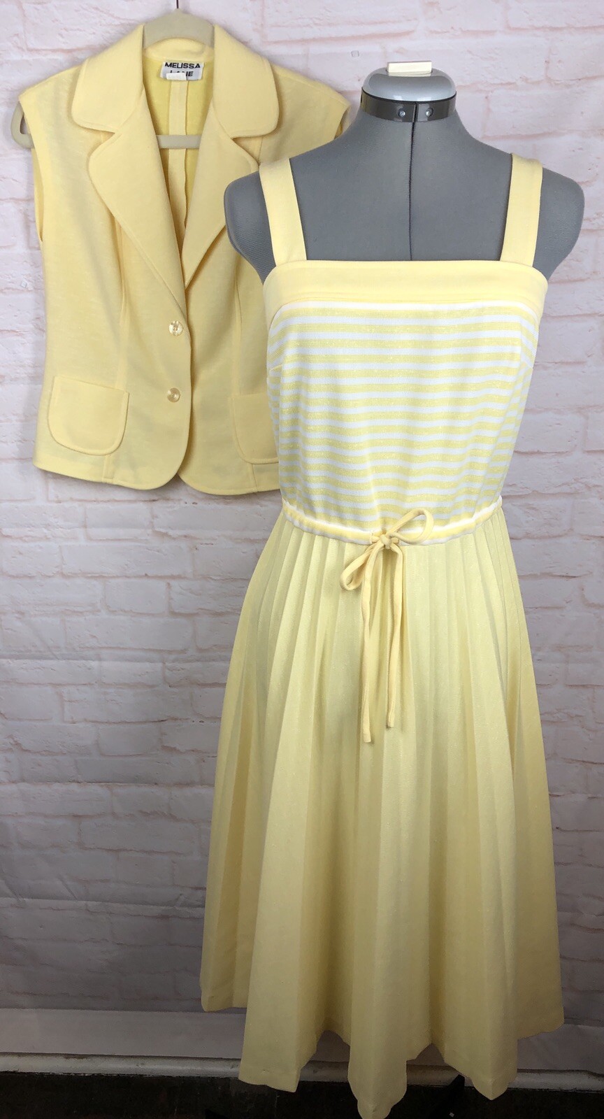 VTG Melissa Lane 2Pc Dress & Jacket 10 Yellow Sleeveless Fit & Flare Pleated EUC