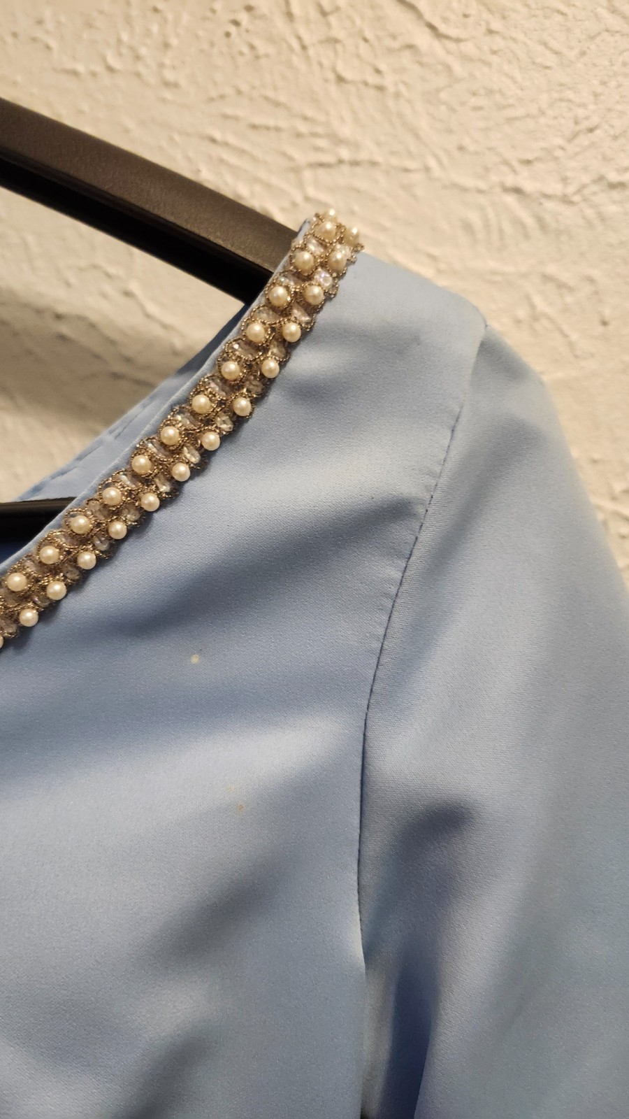 Vintage Evening Custom Dress Size Medium Light Blue Bell Sleeves Pearl Accent