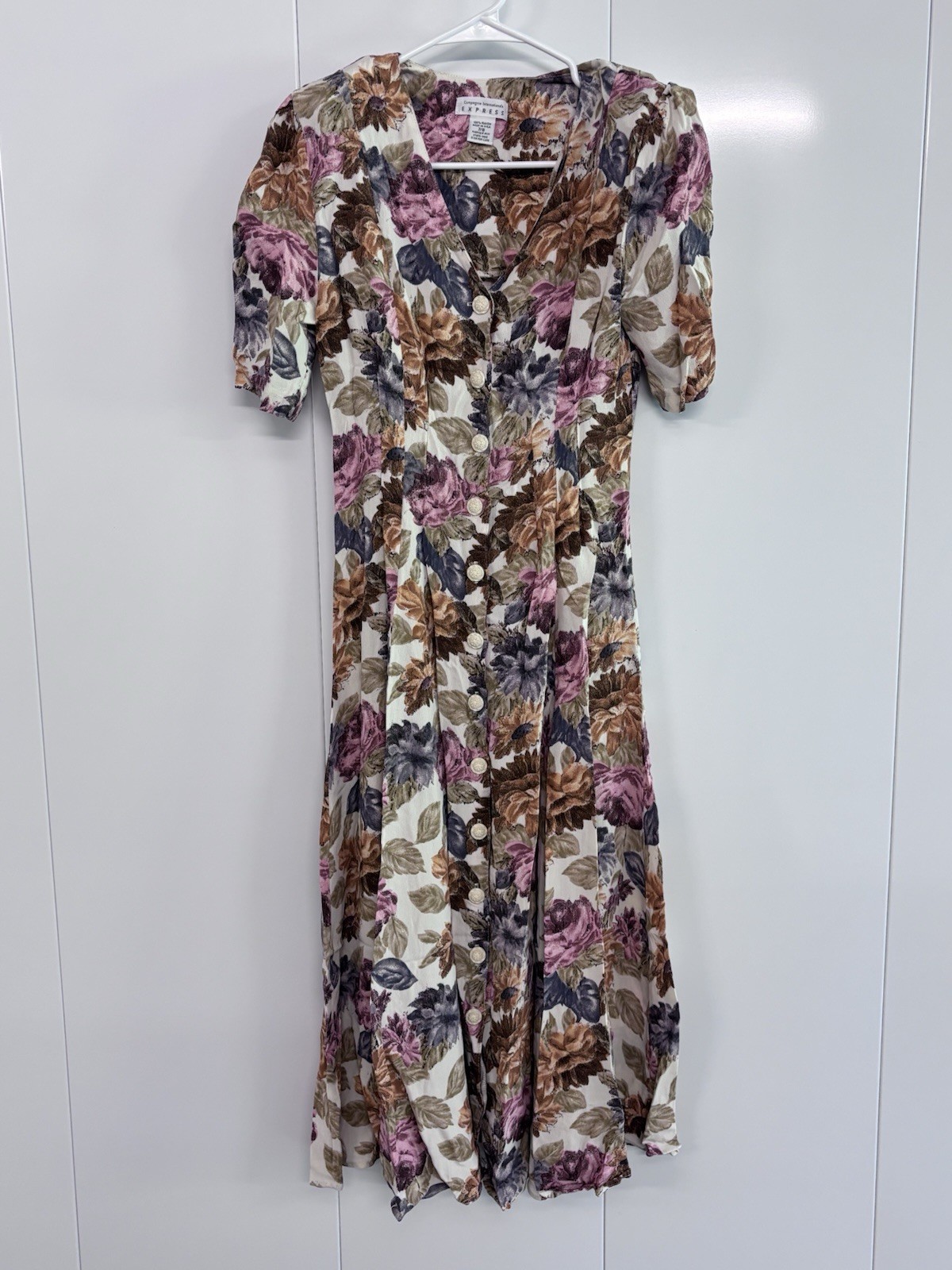 Vintage 90s Express Floral Rayon Midi Dress Button Down Cottagecore Size 7/8 VTG