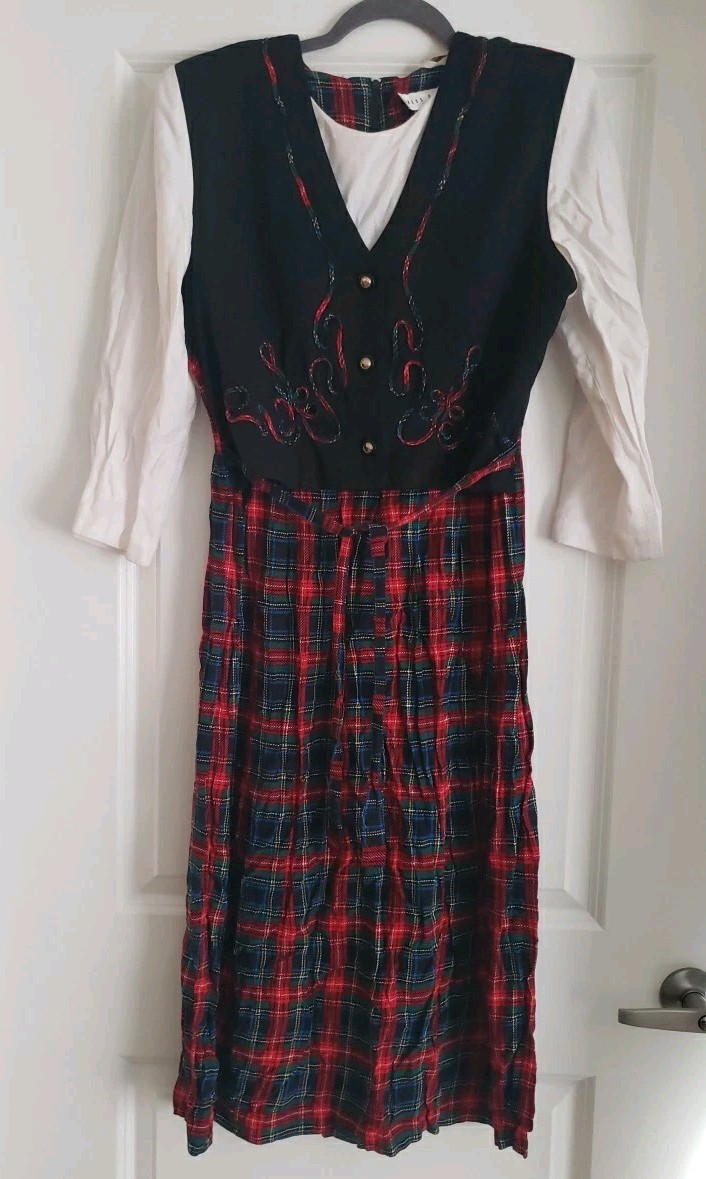 Vintage 90s Miss Dorby Size 12 Red Plaid Vest Layered Midi Dress