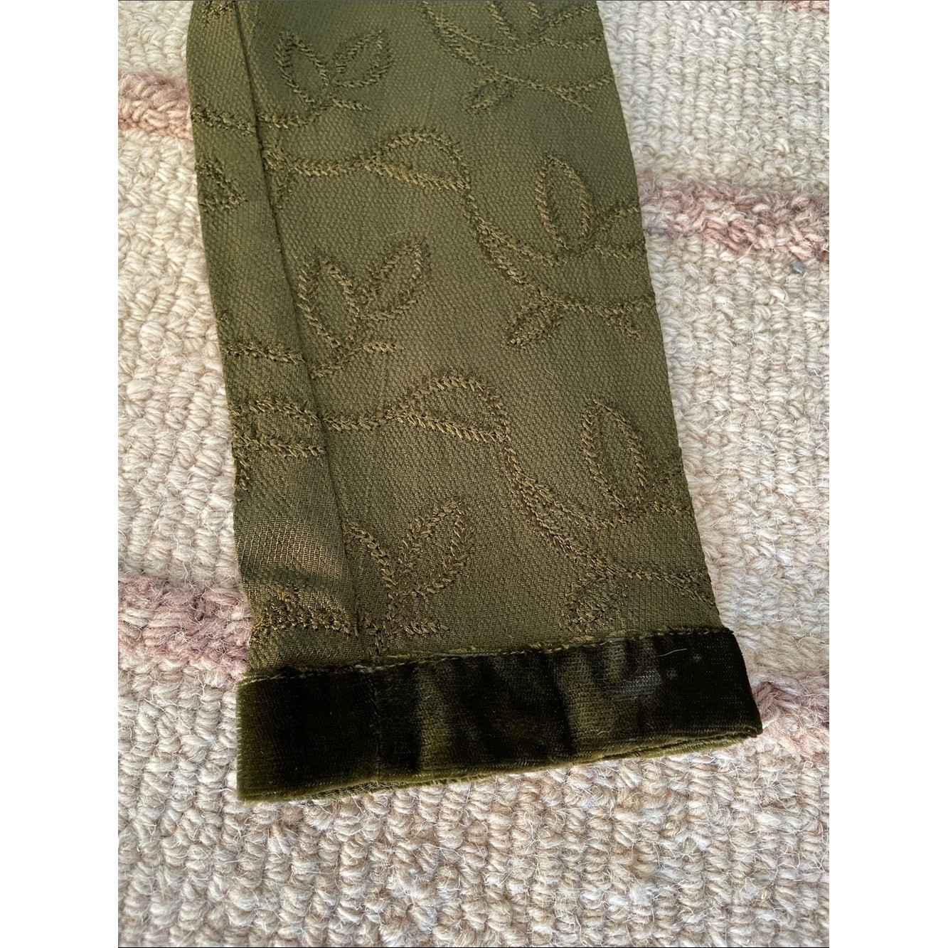 Vintage Johnny Was Embroidered Olive Green Maxi Dress Velvet Trim XS