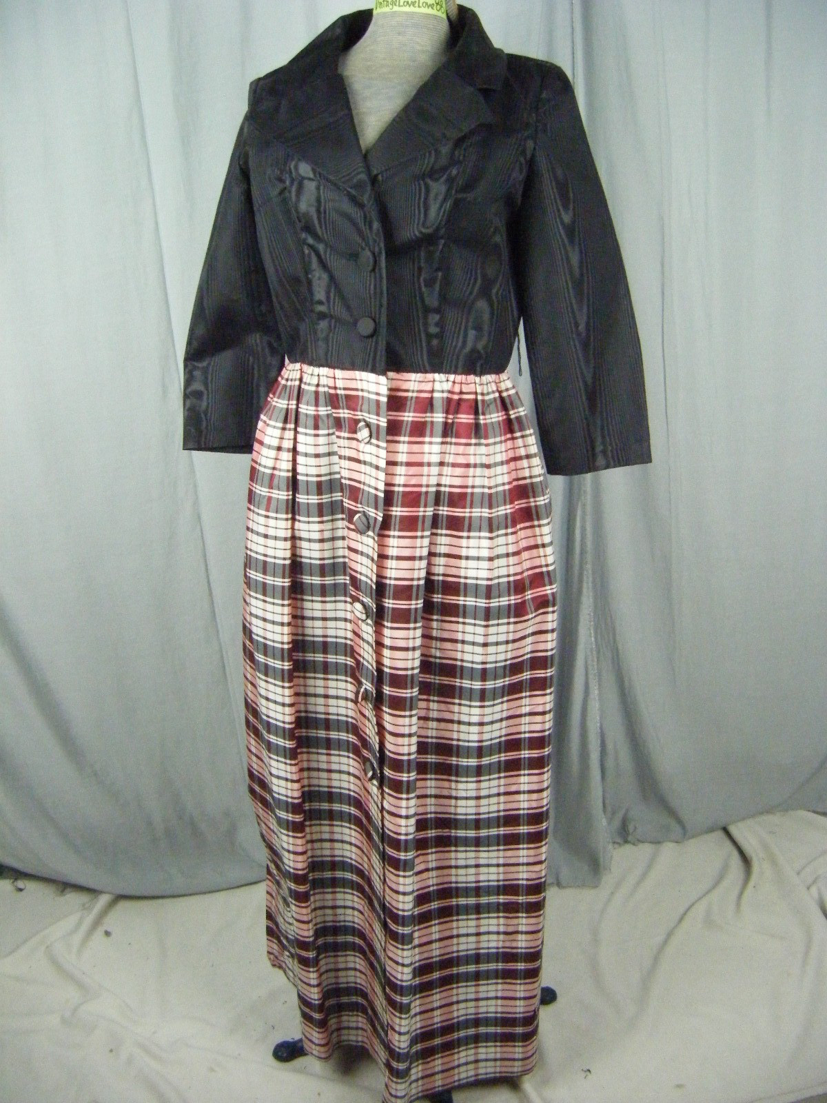 Vtg 60s Black Grain Red Plaids Buttons Holiday Dress-Bust 36/XS