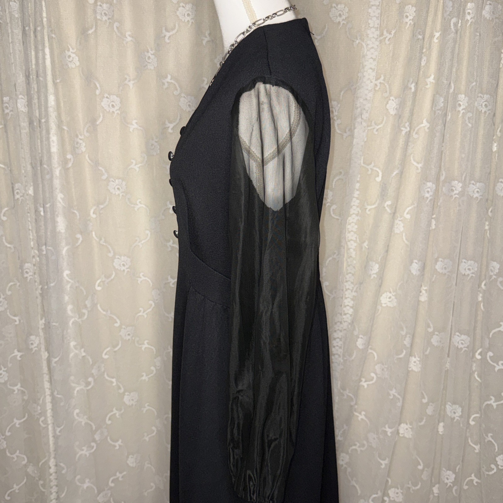 Vintage Puritan Forever Young Long Black Maxi Dress Sheer Sleeves Medium