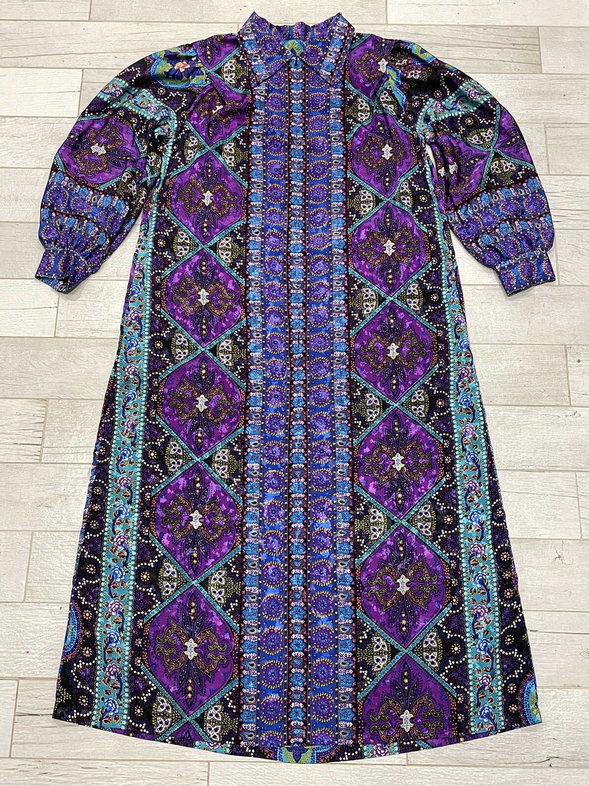Vintage David Brown House Coat Robe Small Purple Blue Lounge Saks Fifth Ave