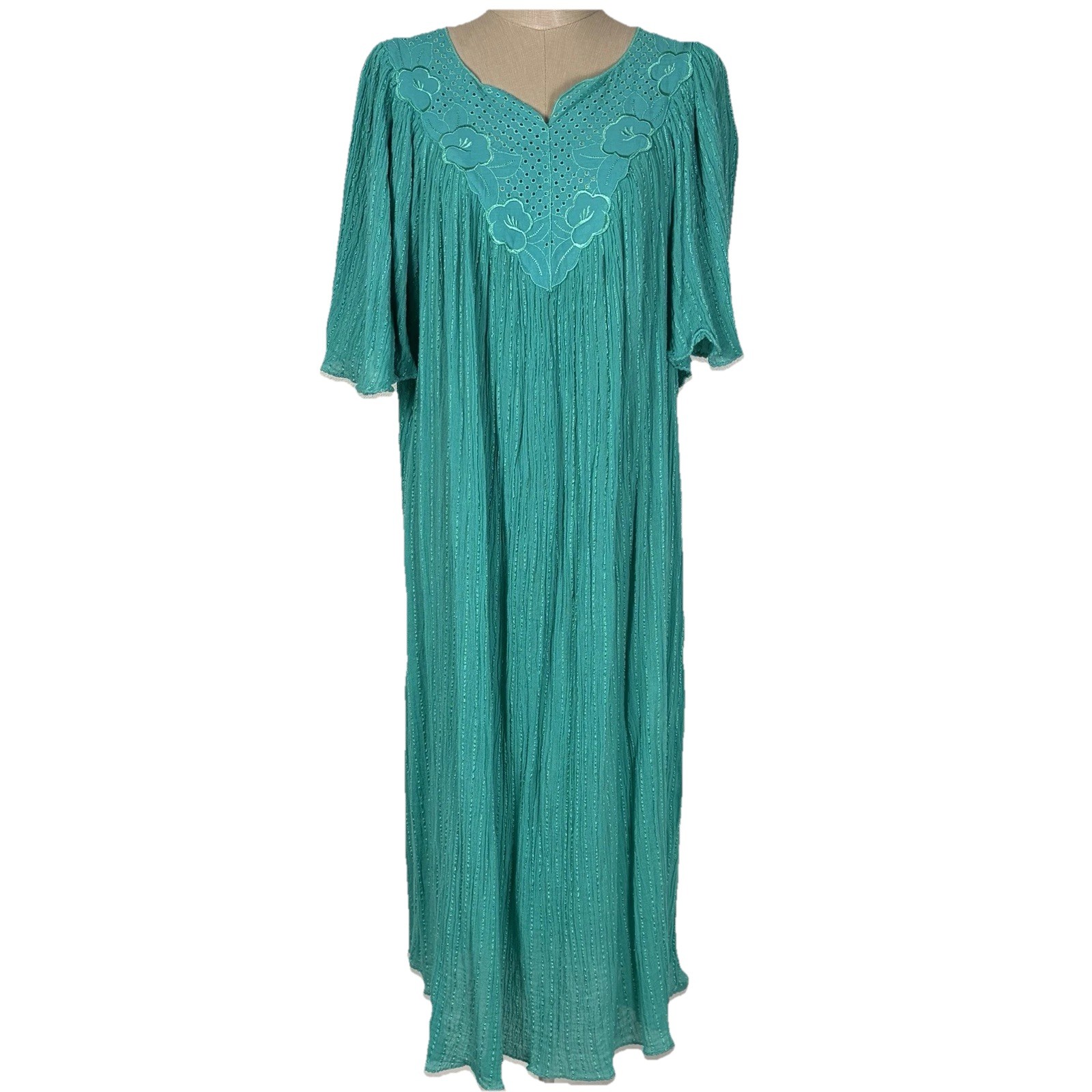 Vtg Peasant Cotton Gauze Dress Floral Embroidery Turquoise Blue Size Large-XXL