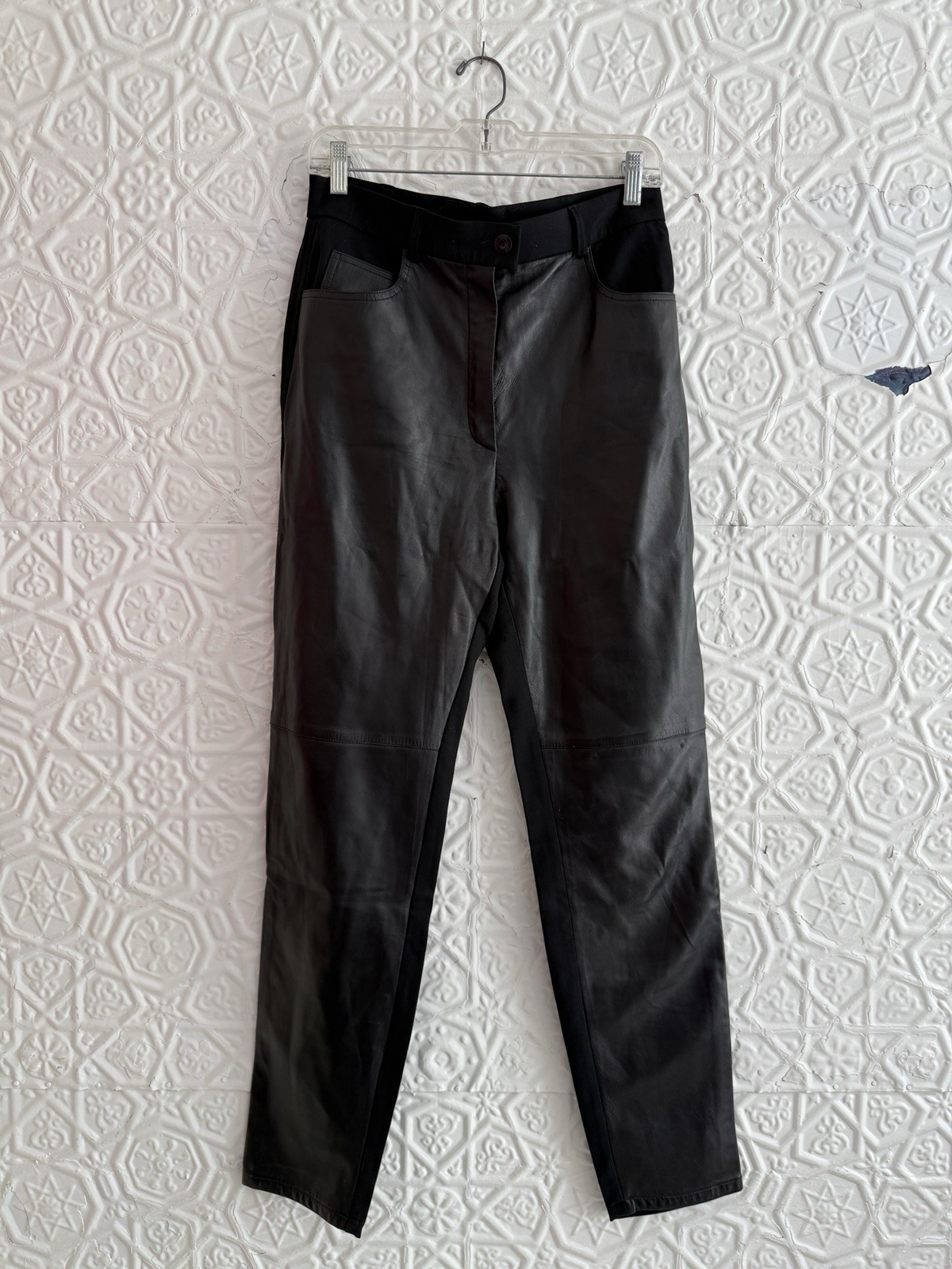 vintage Escada lamb nappa Leather & wool Pants Black slim Trouser 1990s 2000s