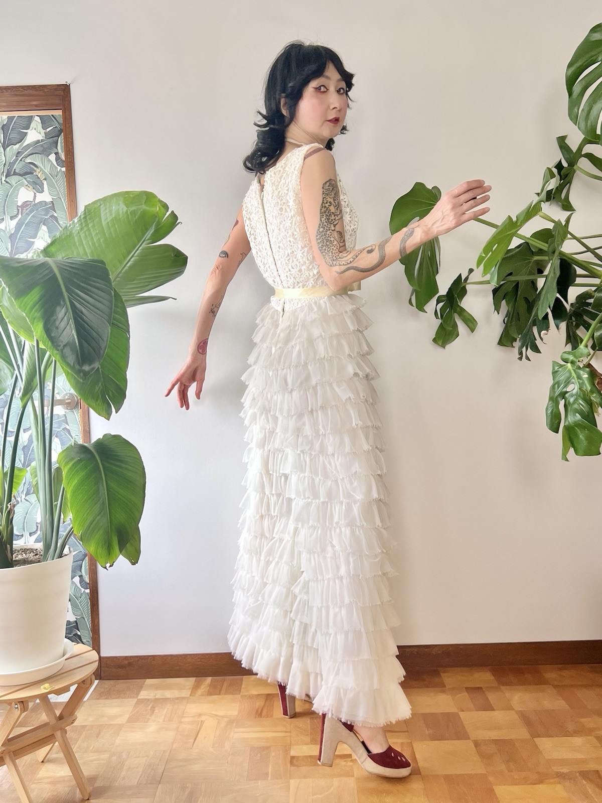 VTG 60s Kadine Lace Palazzo Jumpsuit White Tiered Chiffon Ruffle Mod Bridal S