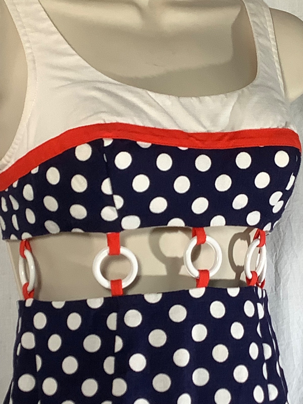 Vintage ring Mini Dress 5 beach party 60s polka dot Midriff red white blue XXS