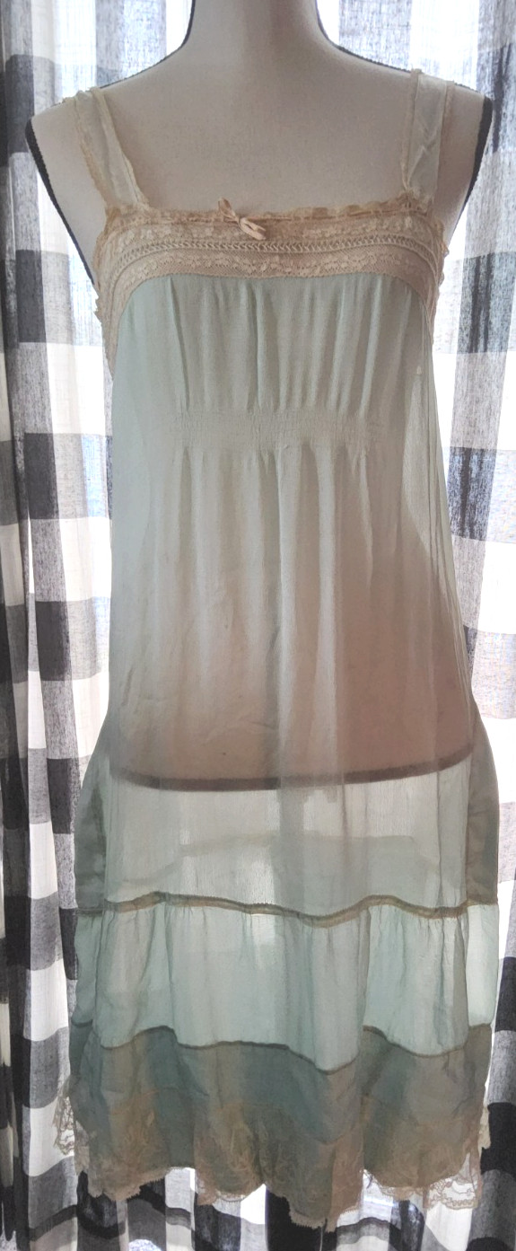 VTG 1920s FLAPPER PALE AQUA SILK & LACE CHEMISE Art Deco Era Slip, 1930s Repairs