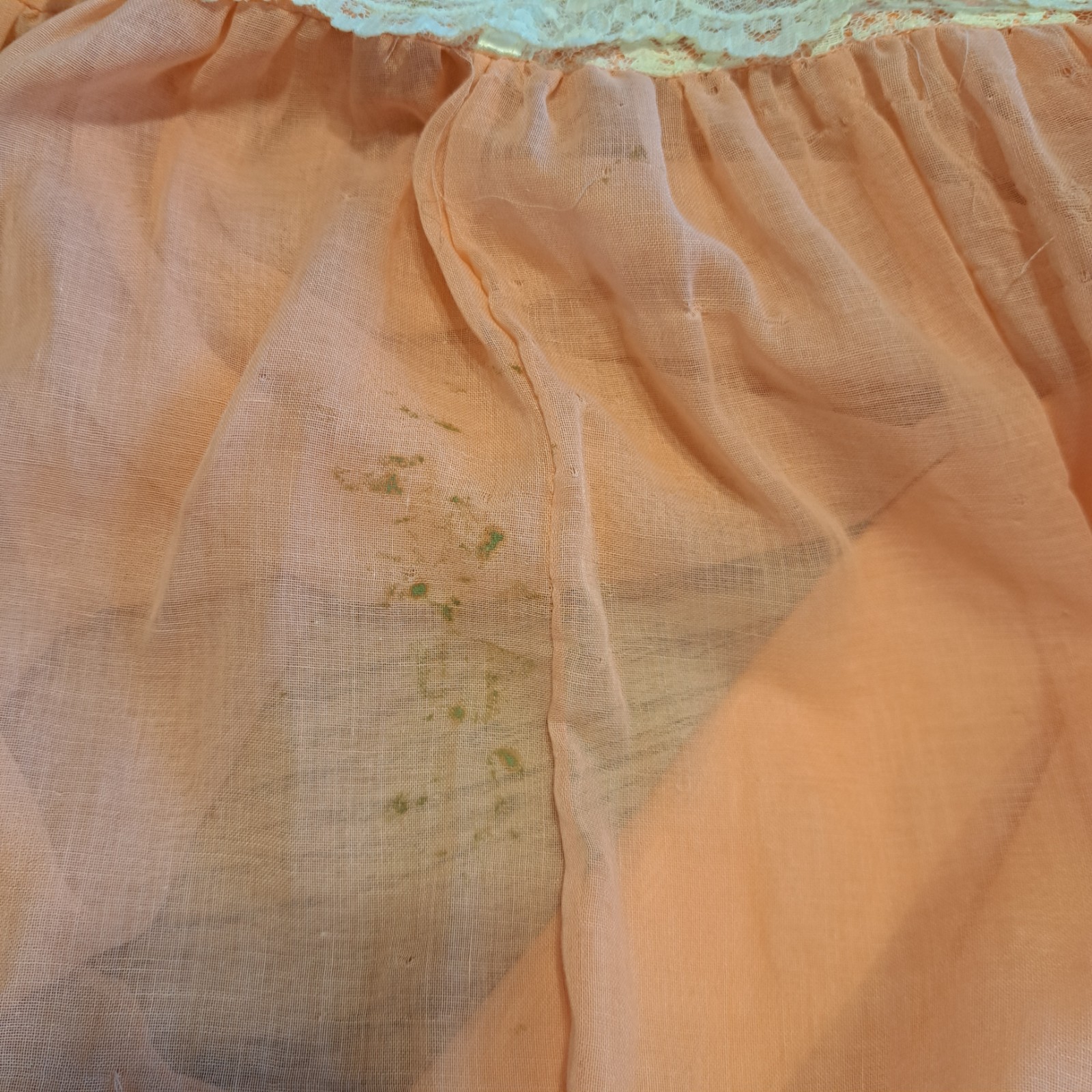 Vtg 70s Peach Chiffon Lace Prairie Granny Victorian Prom Maxi Gown Sz 7/8 Flaws