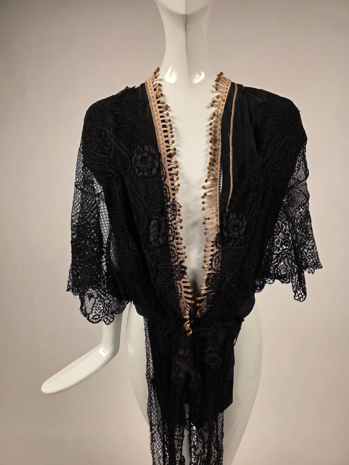 EDWARDIAN HAND MADE CLUNY LACE JACKET W LAME KNOT EDGING + BELL SLEEVES + TAILS