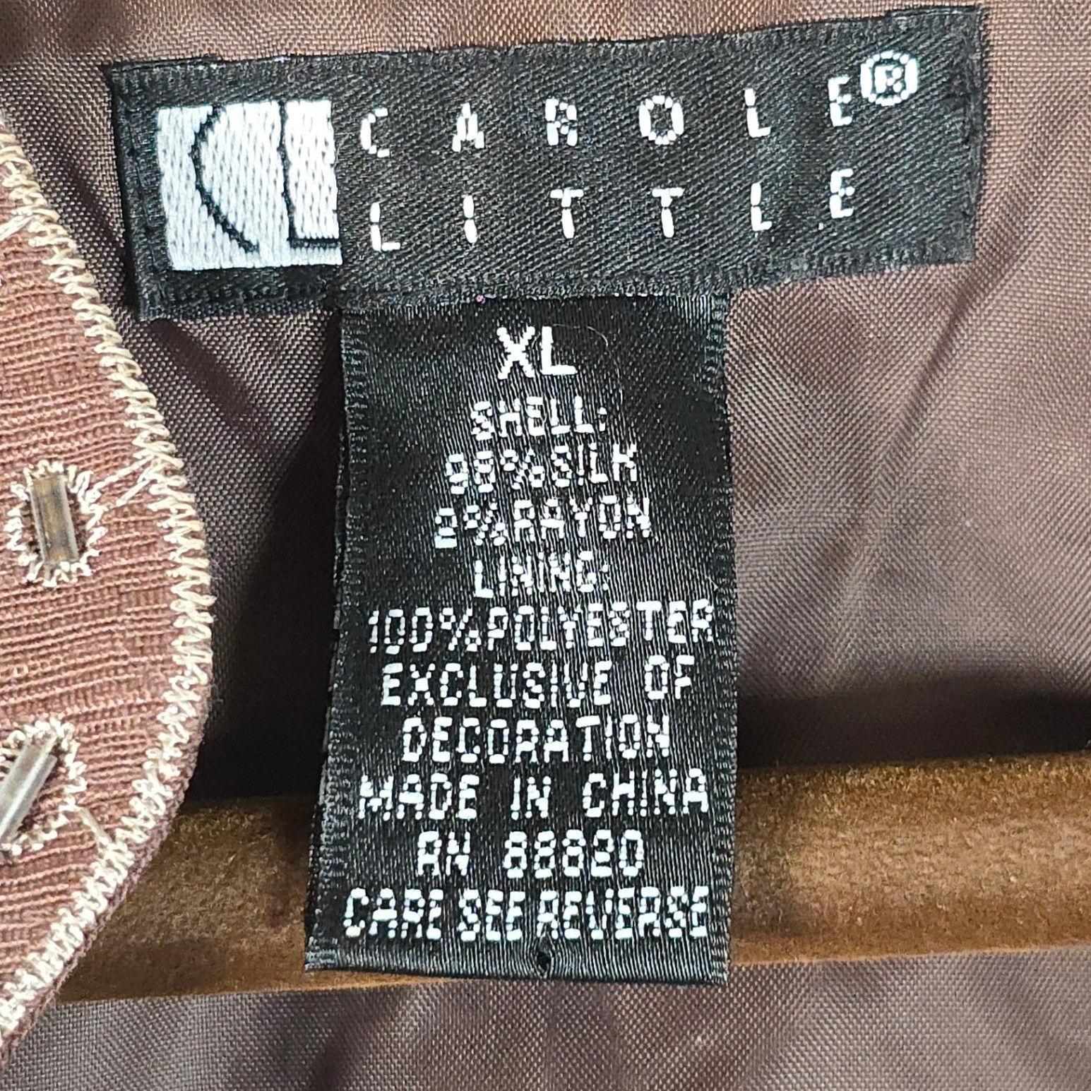 VTG Carole Little Silk Jacket XL Brown Beaded Embroidered Boho Art to Wear Lined