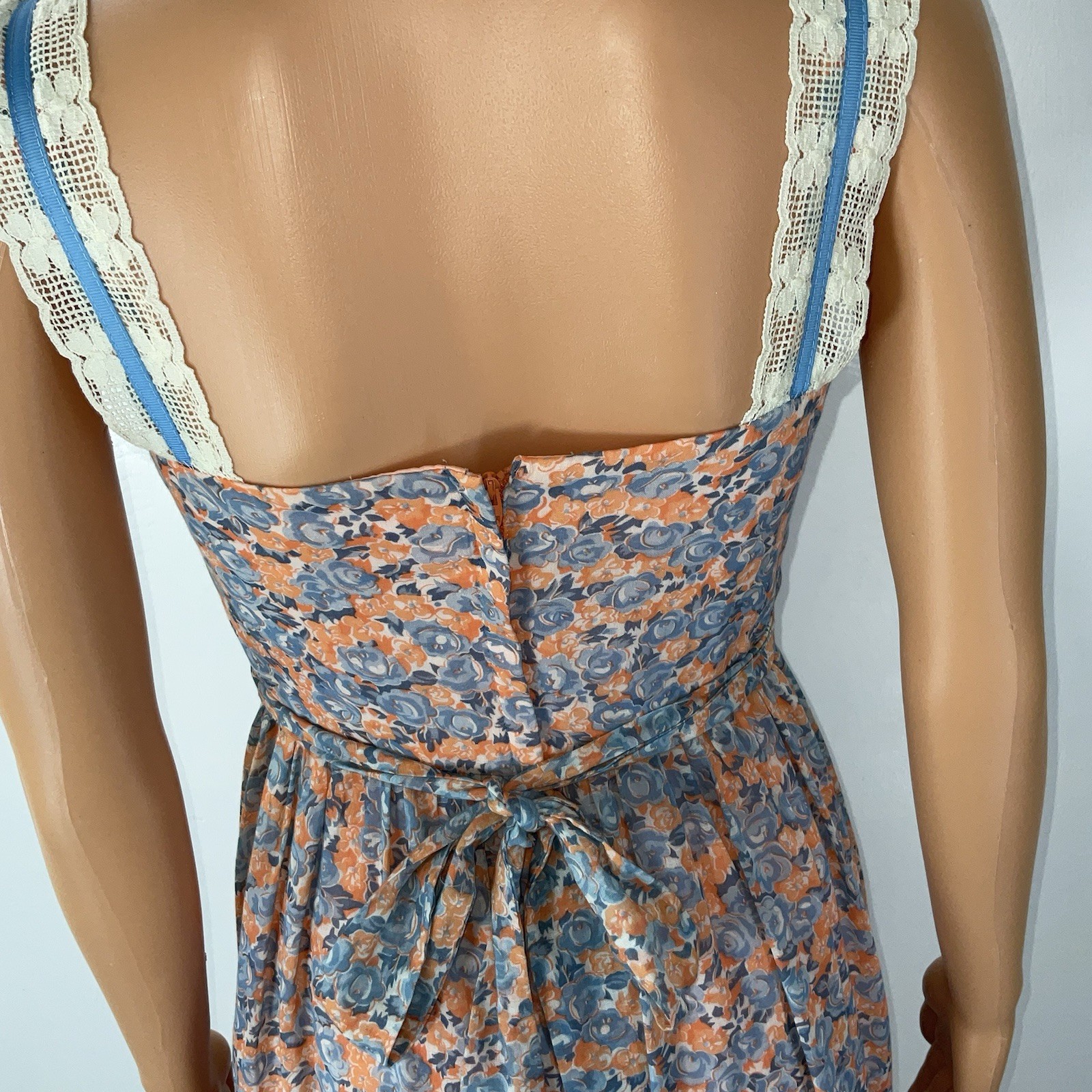70s Praire Maxi Dress VTG Candi Jones Peach Blue Floral Lace Boho Hippie Sz 9