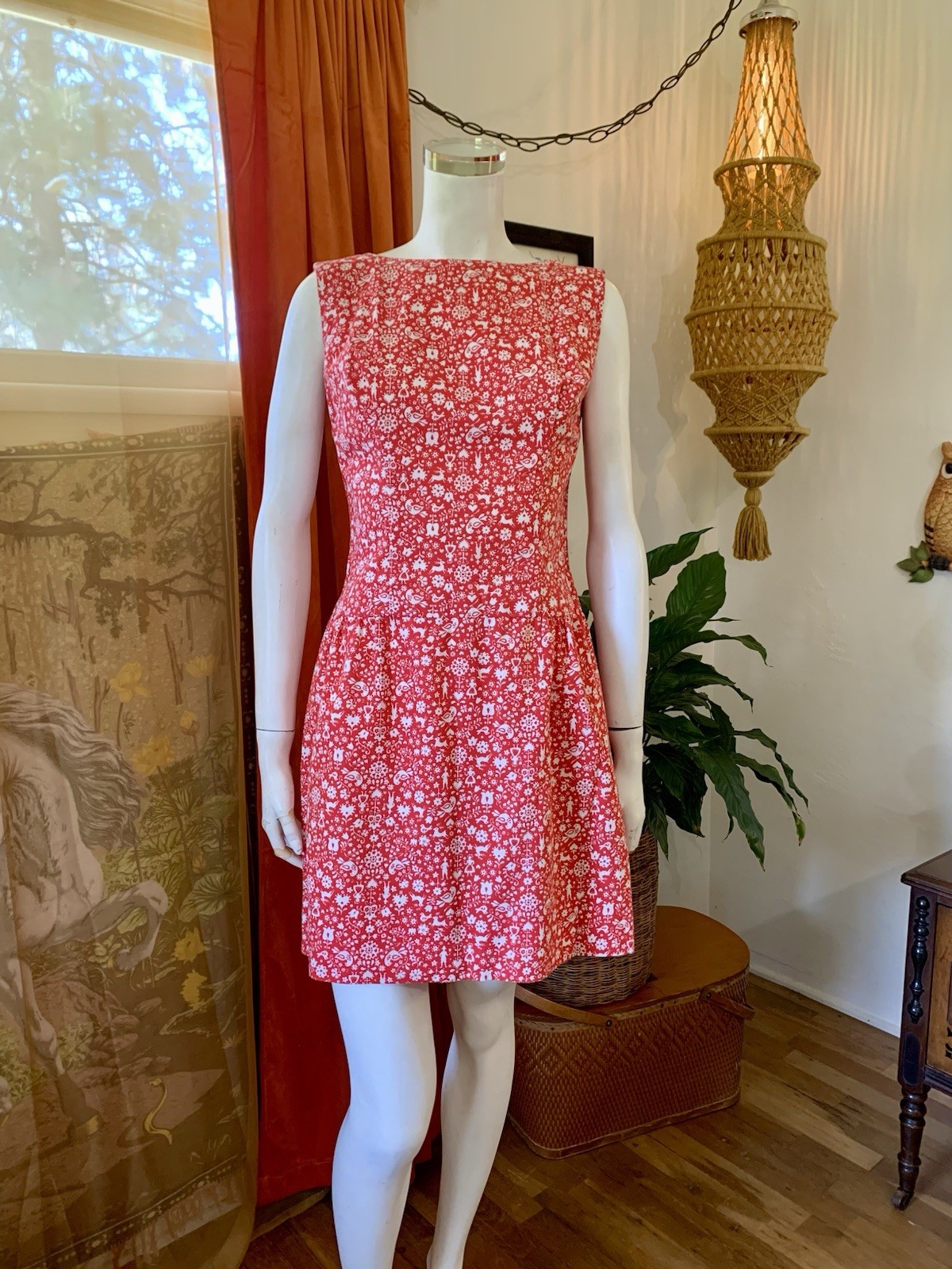 1960s vintage red FOLK ART novelty print rockabilly Dress & matching Mens Shirt
