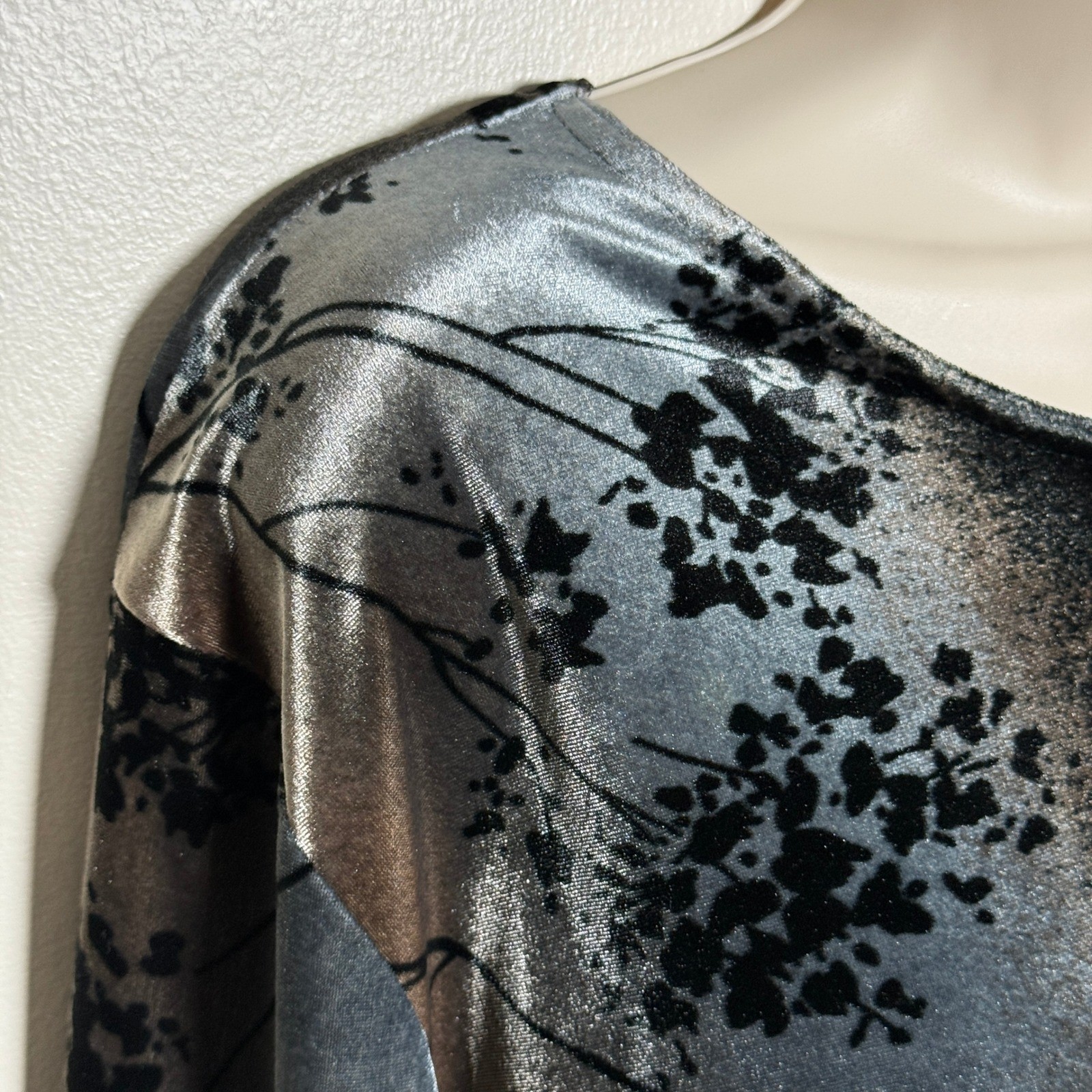 Maine USA Womens VTG Velvet Floral Ombre Top XL Silver Black Copper Whimsigoth
