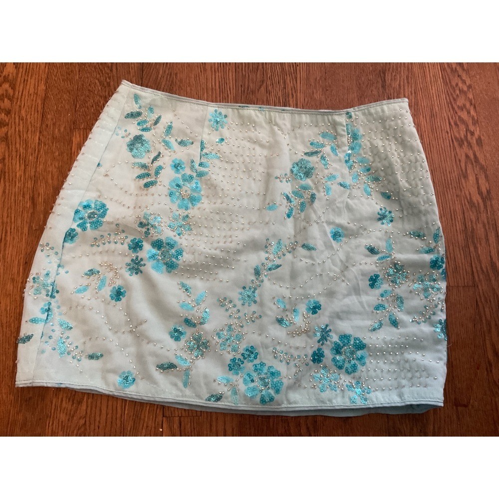 Vintage Light Blue Floral Beaded Sequin Mini Skirt High Rise Side Zip Lined