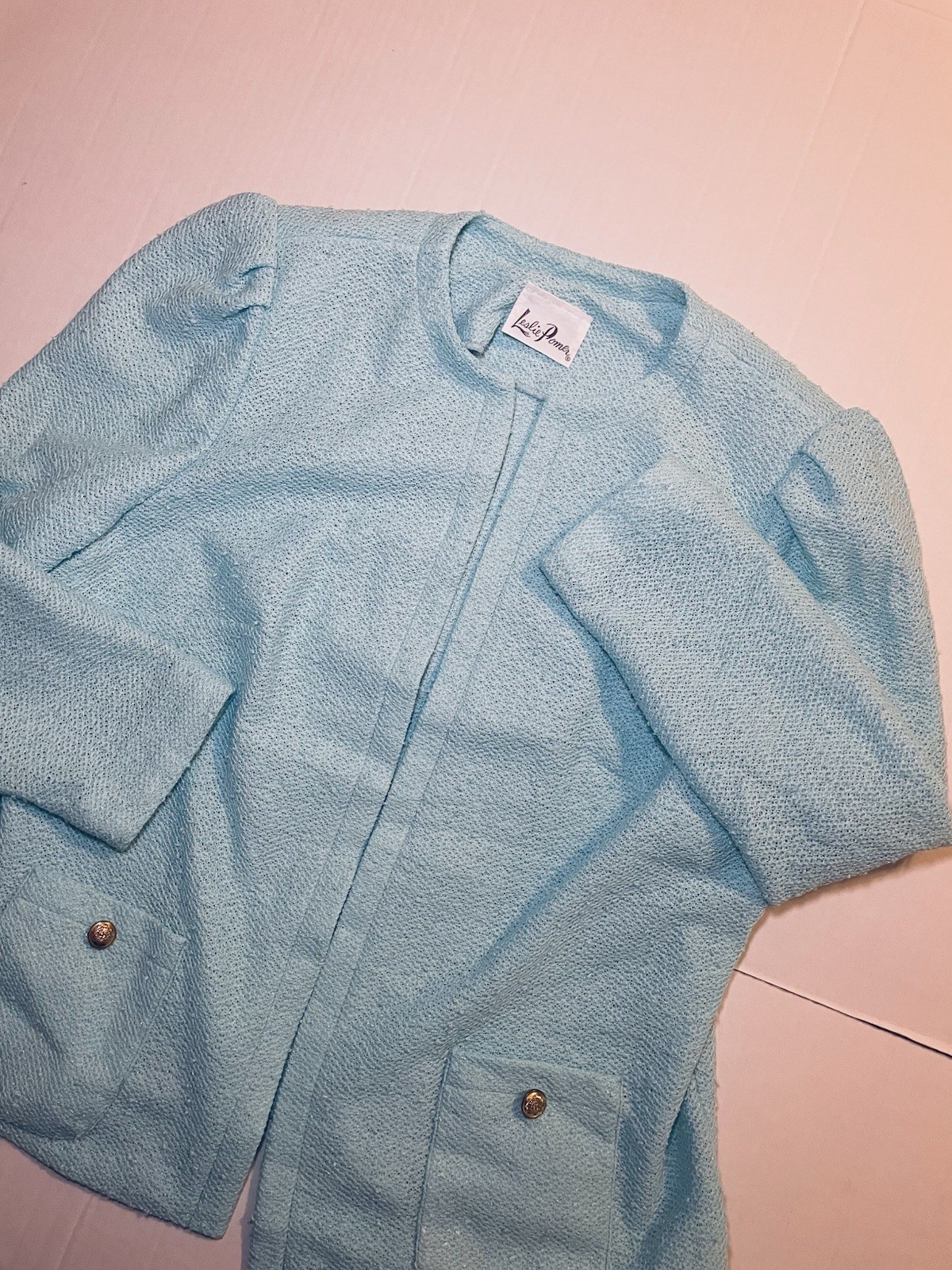 Vintage Leslie Pomer 50s 60s Light Blue Tweed Blazer Suit Dress 14B