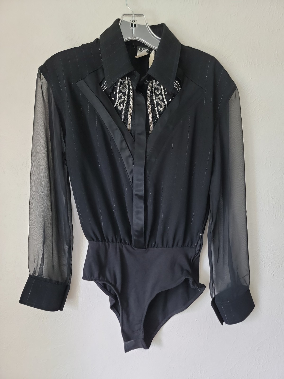 Vintage IIF Black Rhinestone Blouse Bodysuit Small Dressy Old Money Sheer Sleeve